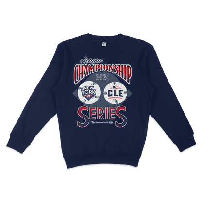 Navy blue crewneck sweatshirt with "ALCS '24" and baseball-themed graphics for the 2024 championship series.