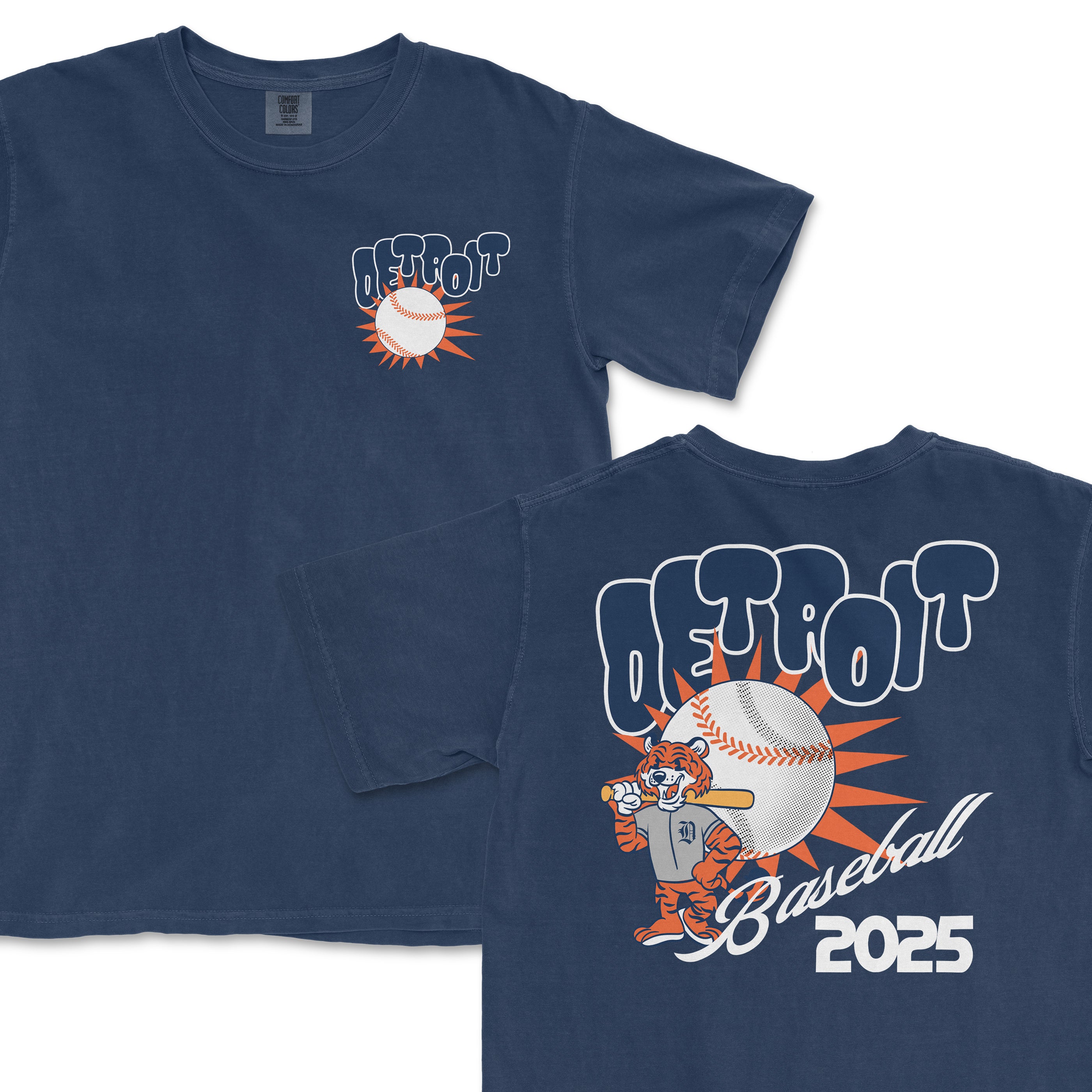 Comfort Colors navy T-shirt featuring a Detroit baseball theme with a lion mascot holding a bat, "DETROIT" text, and "Baseball 2025" design.