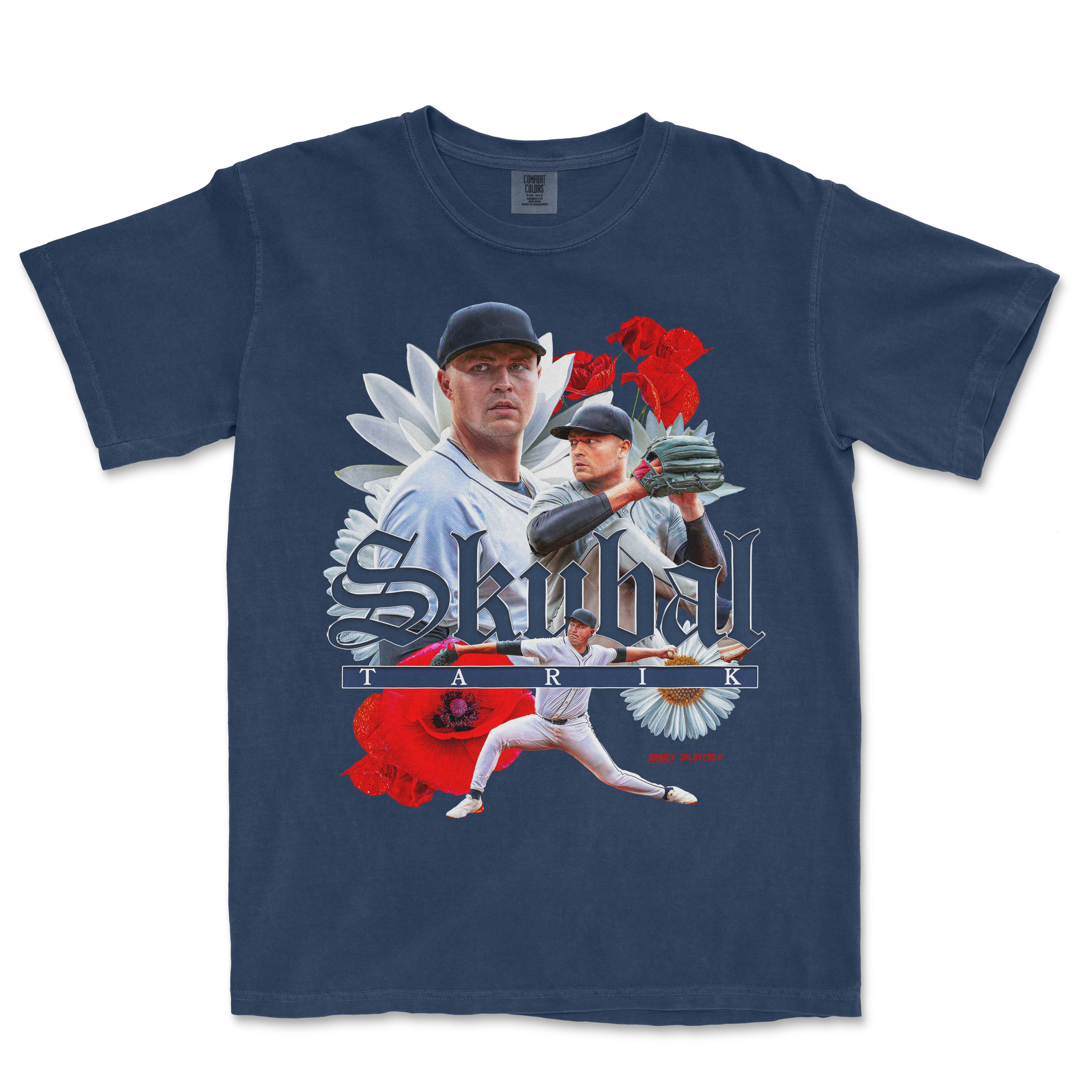 T-shirt featuring a collage of baseball players, flowers, and the text "Skubal" in a stylized font, set against a navy background.