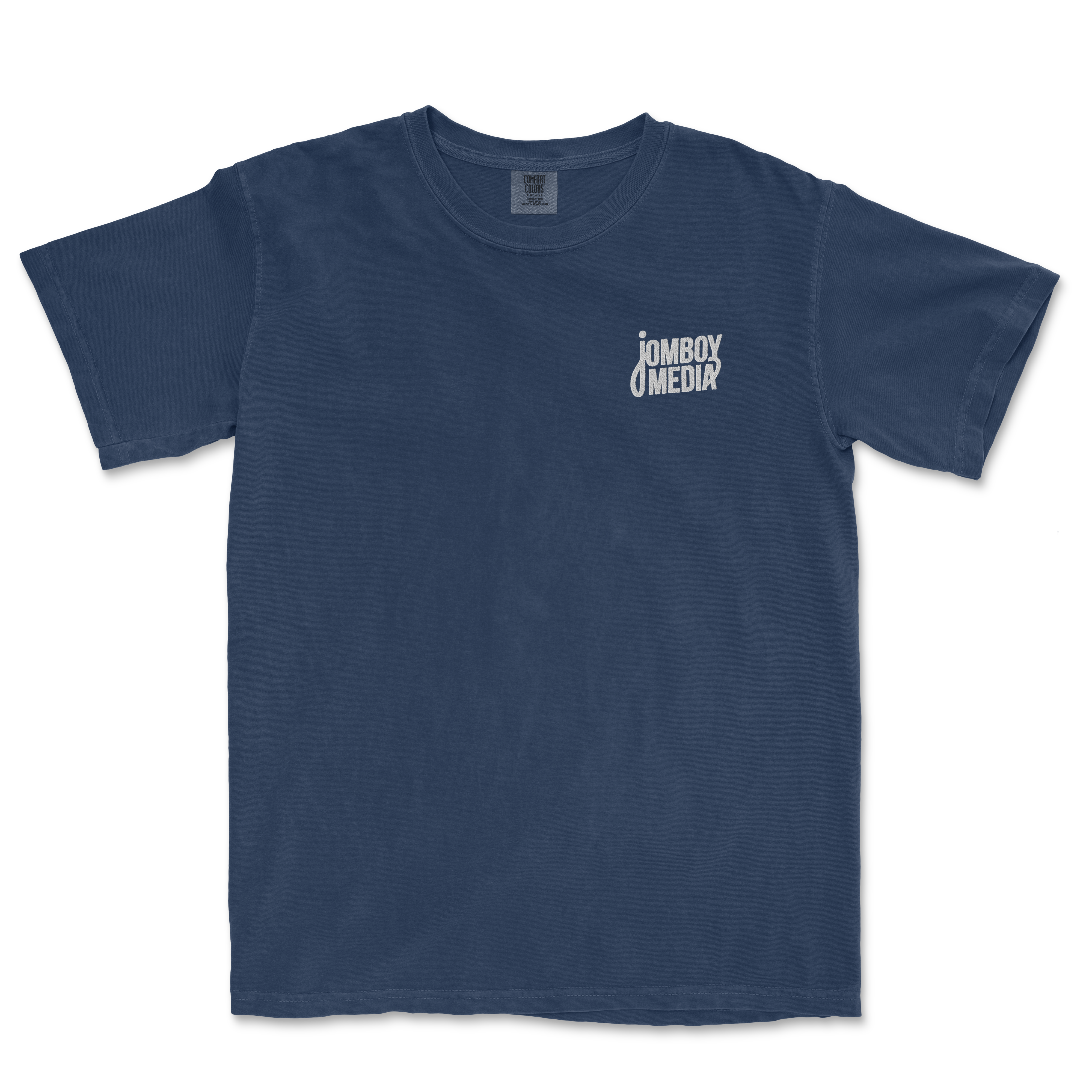 Navy blue JM Essentials '25 Embroidered Tee featuring the Jomboy Media logo on the left chest. Ideal for sports fans.