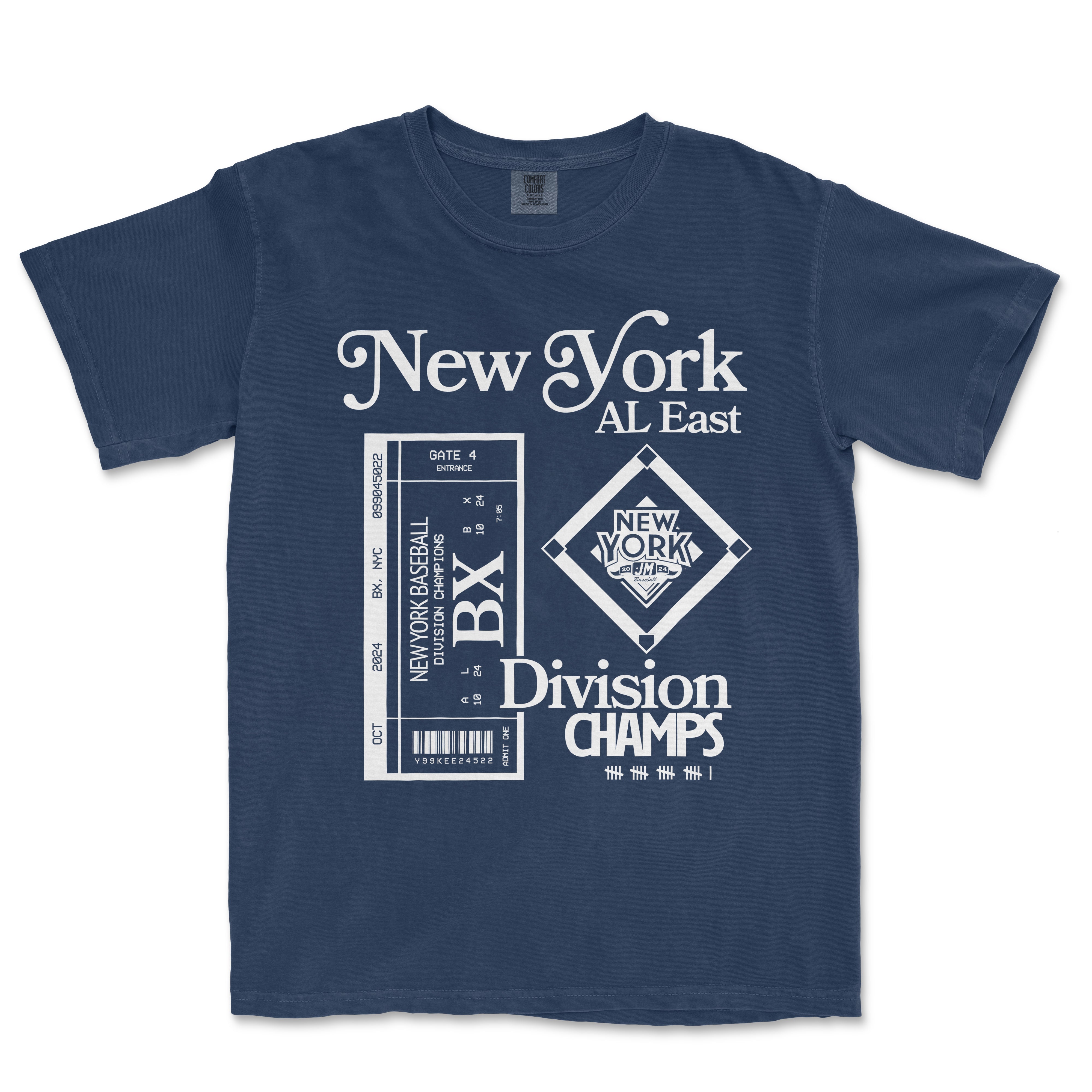 Blue Comfort Colors T-shirt featuring "NYY Division Champions" and baseball-themed graphics celebrating New York Yankees' division win.