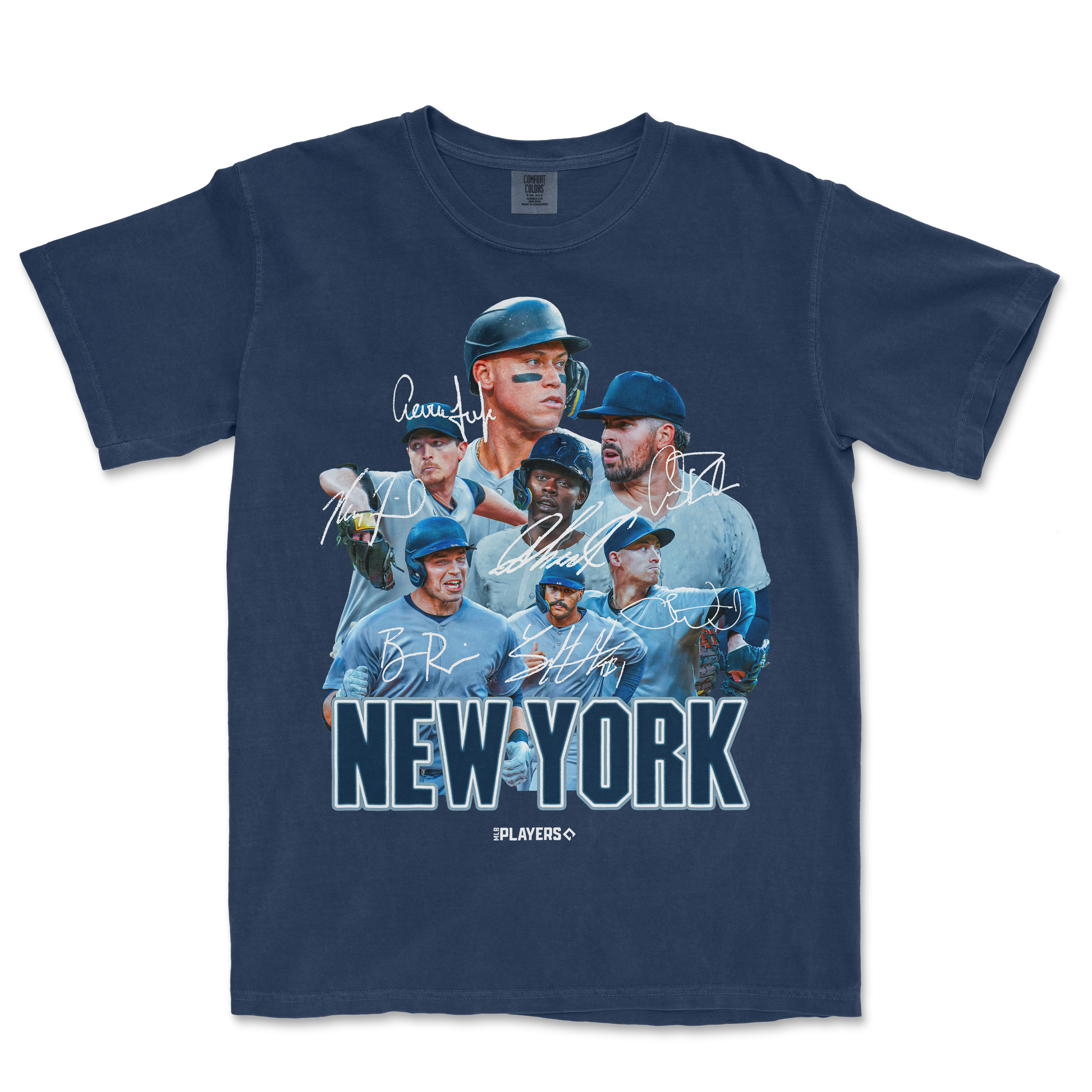 NYY Signature Series Comfort Colors T-shirt featuring iconic New York Yankees players with autographs and team logo.