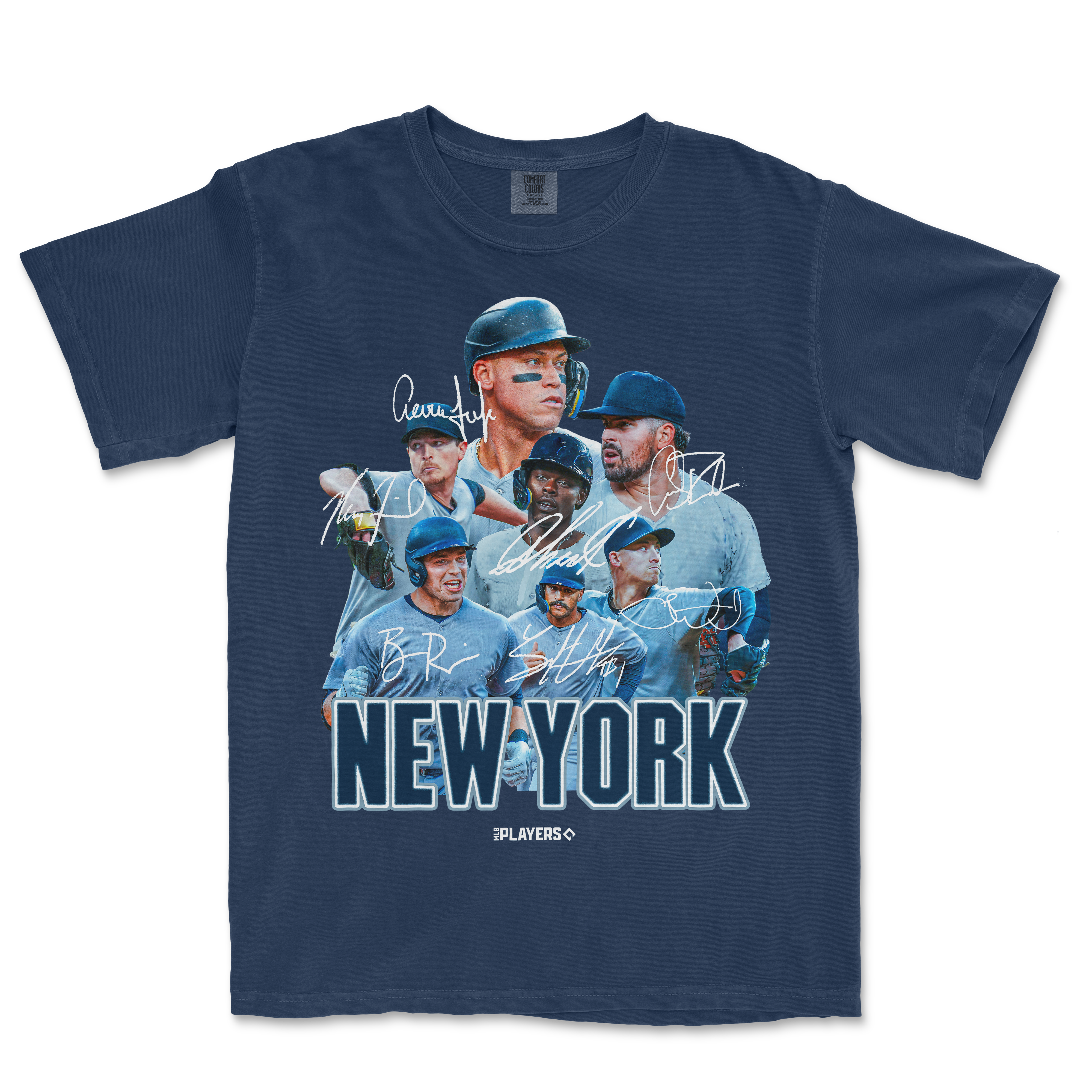 NYY Signature Series Comfort Colors T-shirt featuring iconic New York Yankees players with autographs and team logo.