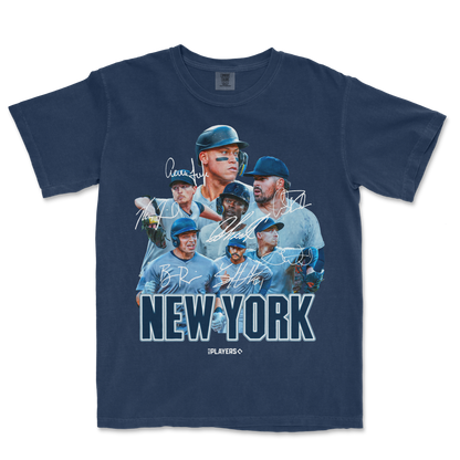 NYY Signature Series Comfort Colors T-shirt featuring iconic New York Yankees players with autographs and team logo.