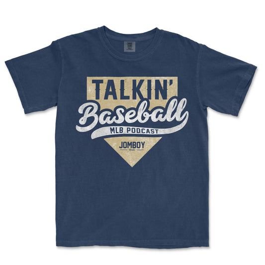 A navy blue T-shirt featuring a vintage-style graphic with the text "Talkin' Baseball," "MLB Podcast," and "Jombo Media" in white and beige lettering.