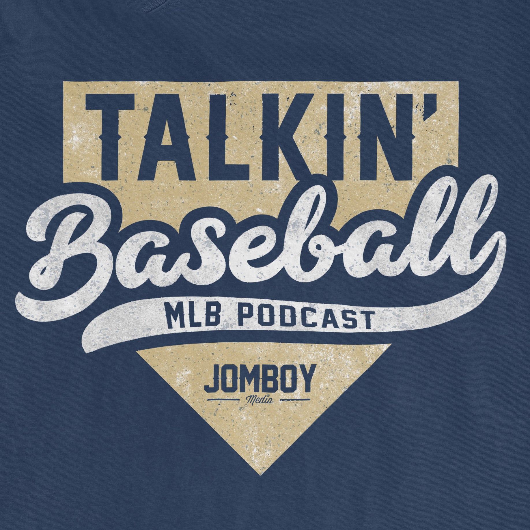 Close-up of a navy blue T-shirt featuring a vintage-style graphic design for the "Talkin' Baseball" MLB podcast by Jomboy Media.