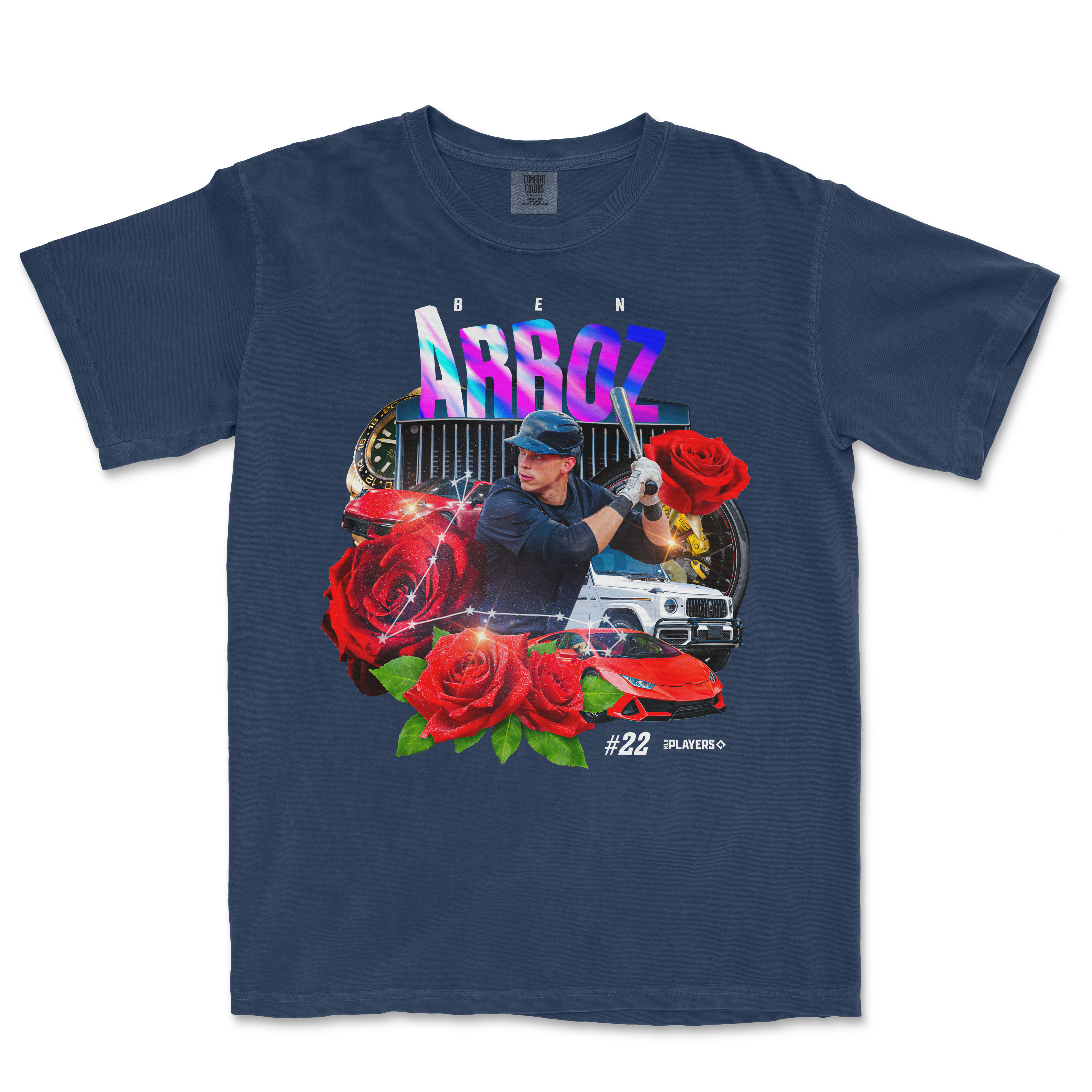 Comfort Colors navy T-shirt featuring a collage of a baseball player, luxury cars, roses, and vibrant "ARROZ" text.