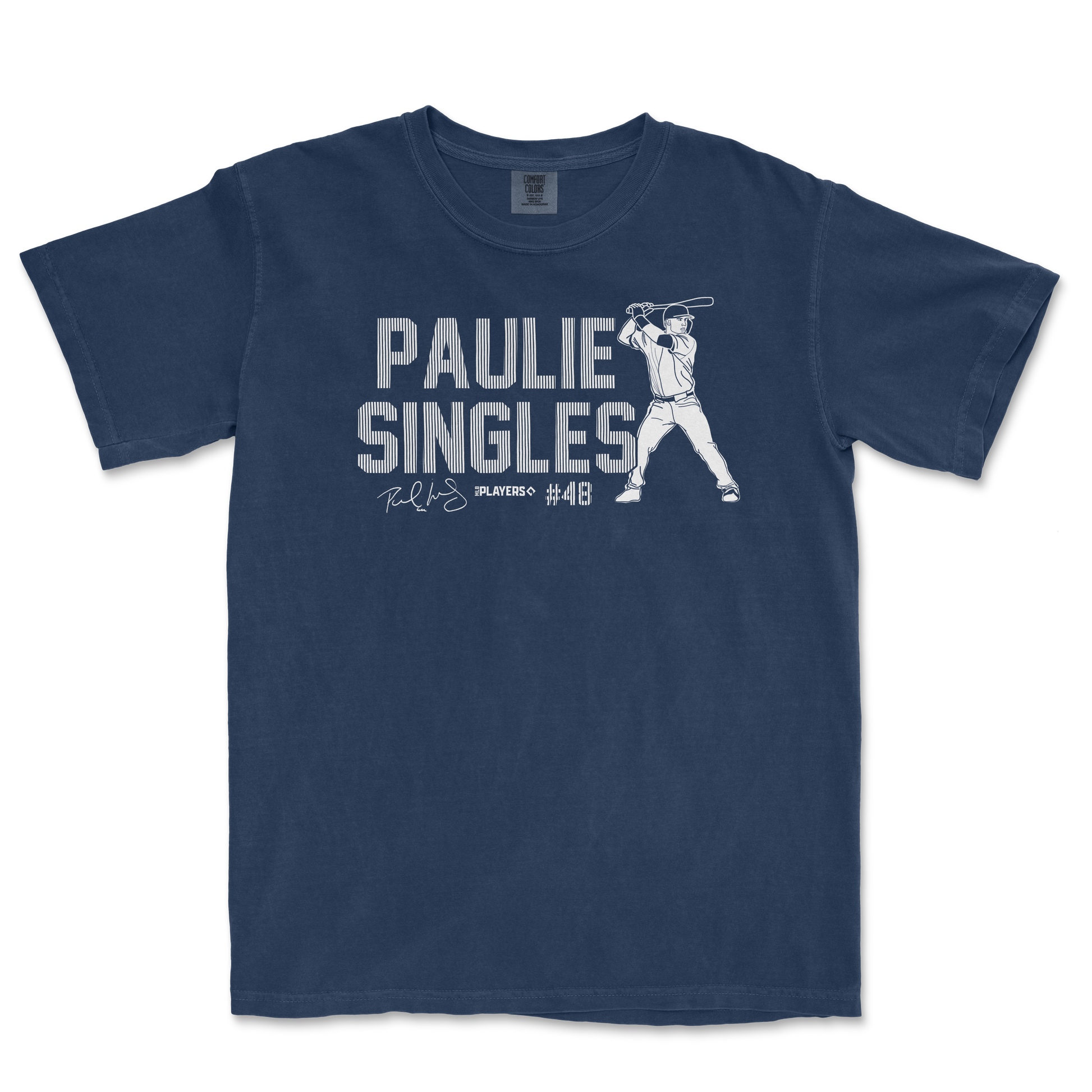 Blue T-shirt featuring a graphic of a baseball player swinging a bat, with "Paulie Singles" text and signature design.
