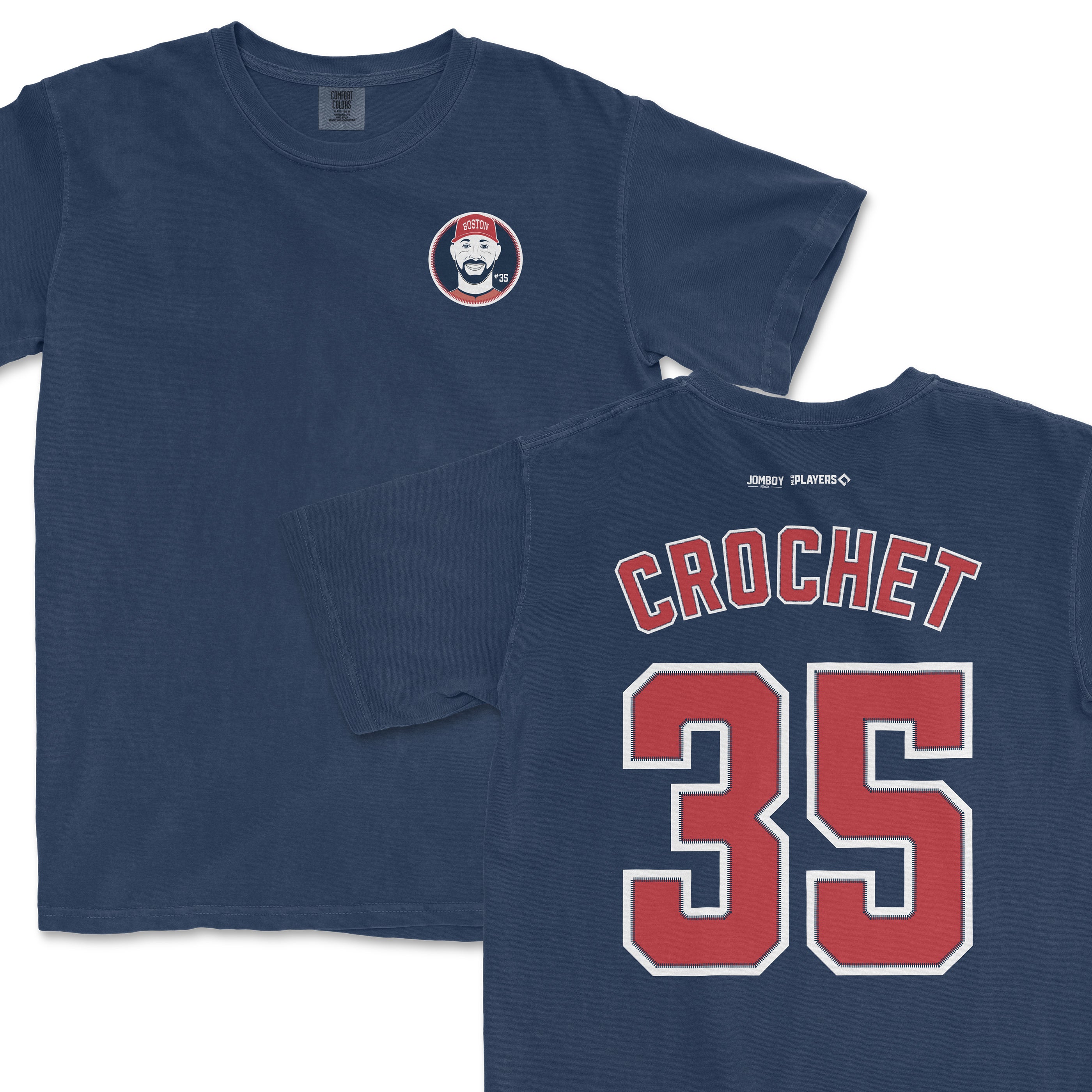 Blue Comfort Colors tee featuring a Garrett Crochet design with a Boston-themed logo on the front and "CROCHET 35" on the back.