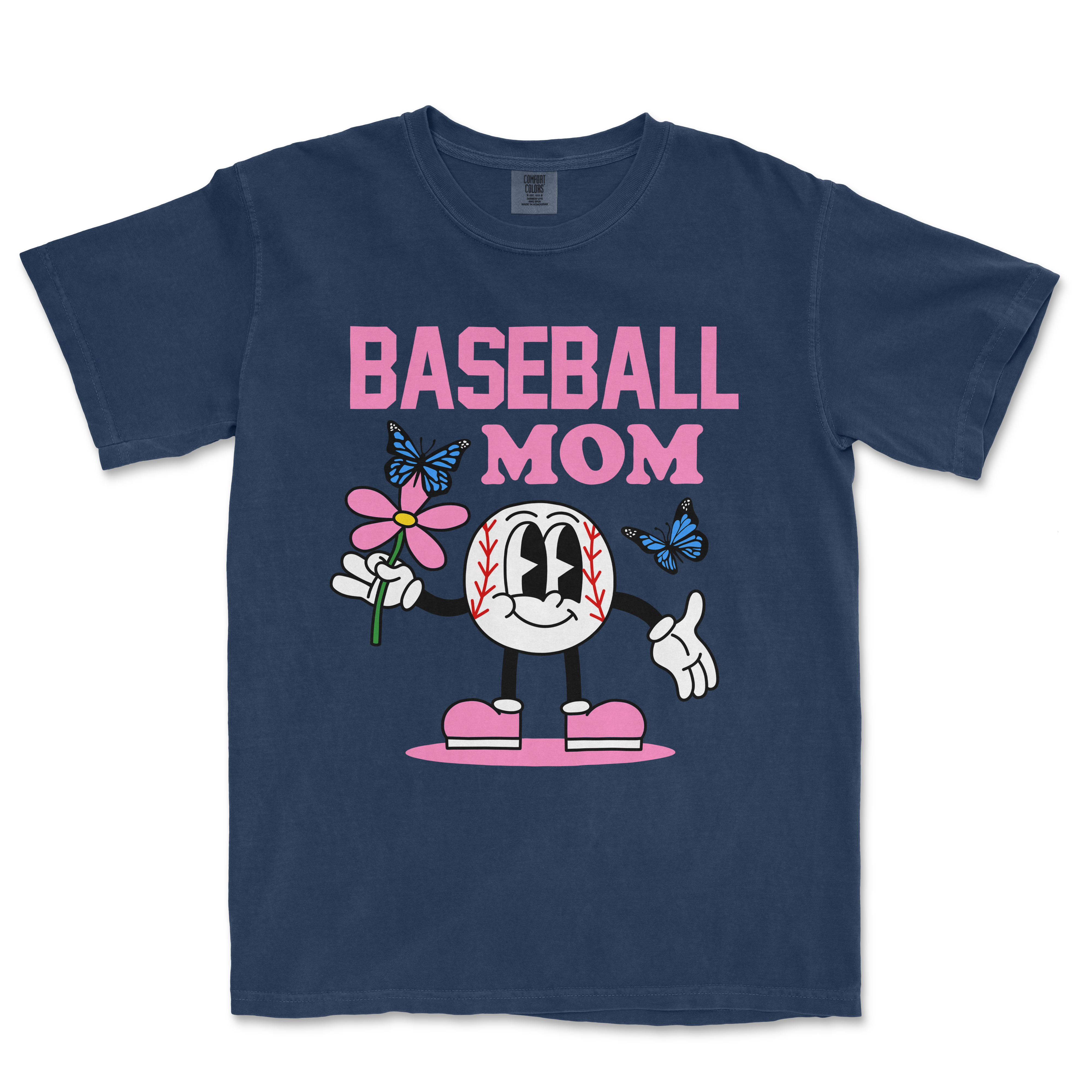 Comfort Colors navy T-shirt featuring a cartoon baseball character holding a pink flower, with "Baseball Mom" text and butterflies.