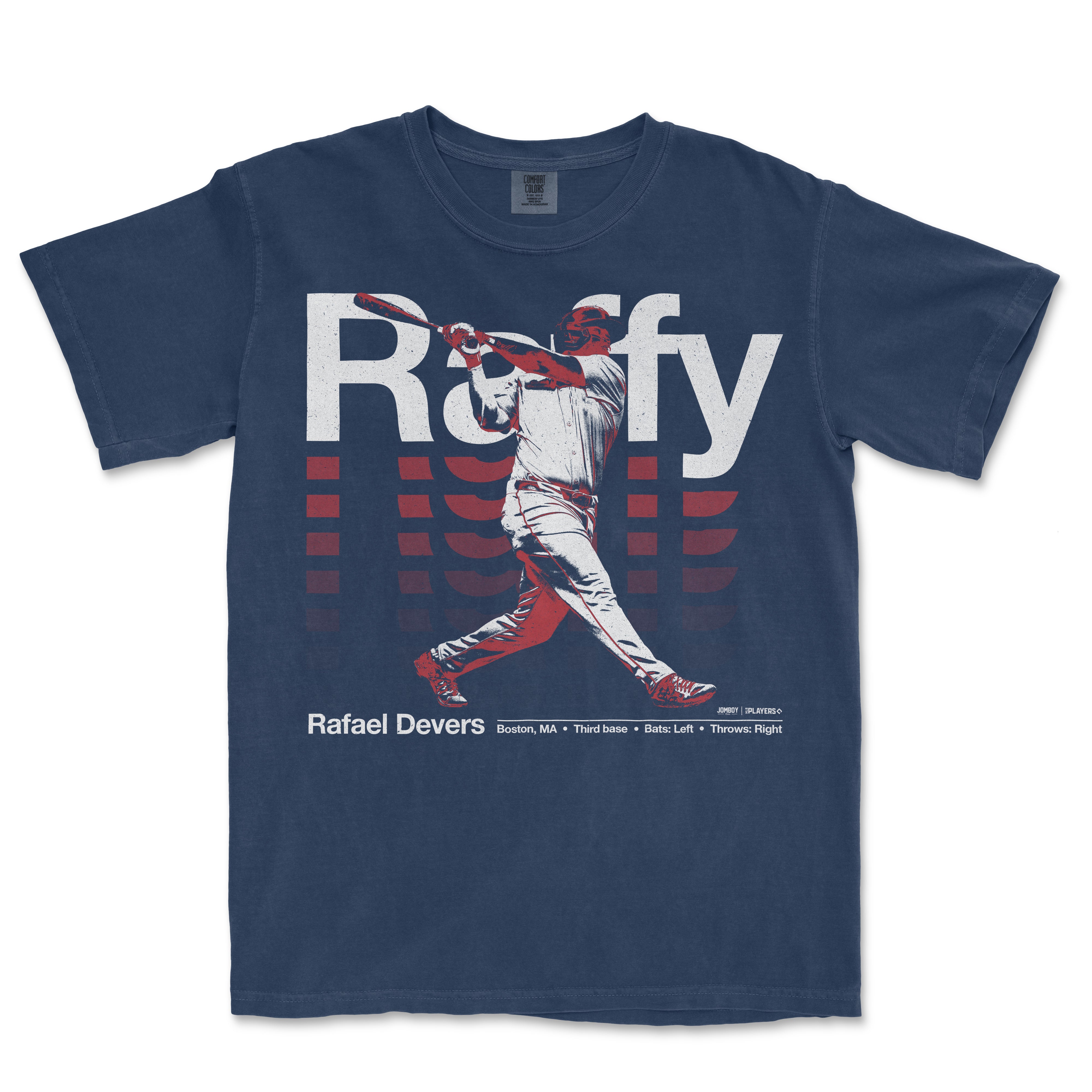 Comfort Colors tee featuring a graphic of Rafael Devers batting, with his name, team info, and stats on a navy background.