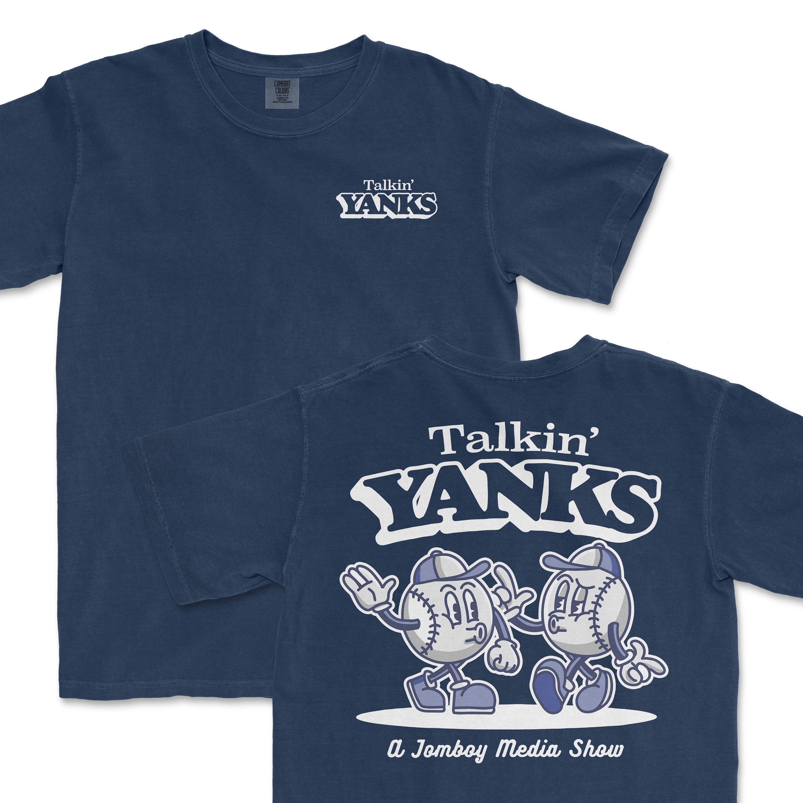 Blue T-shirt featuring "Talkin' Yanks" cartoon characters, baseball-themed design, and playful text for a media show.