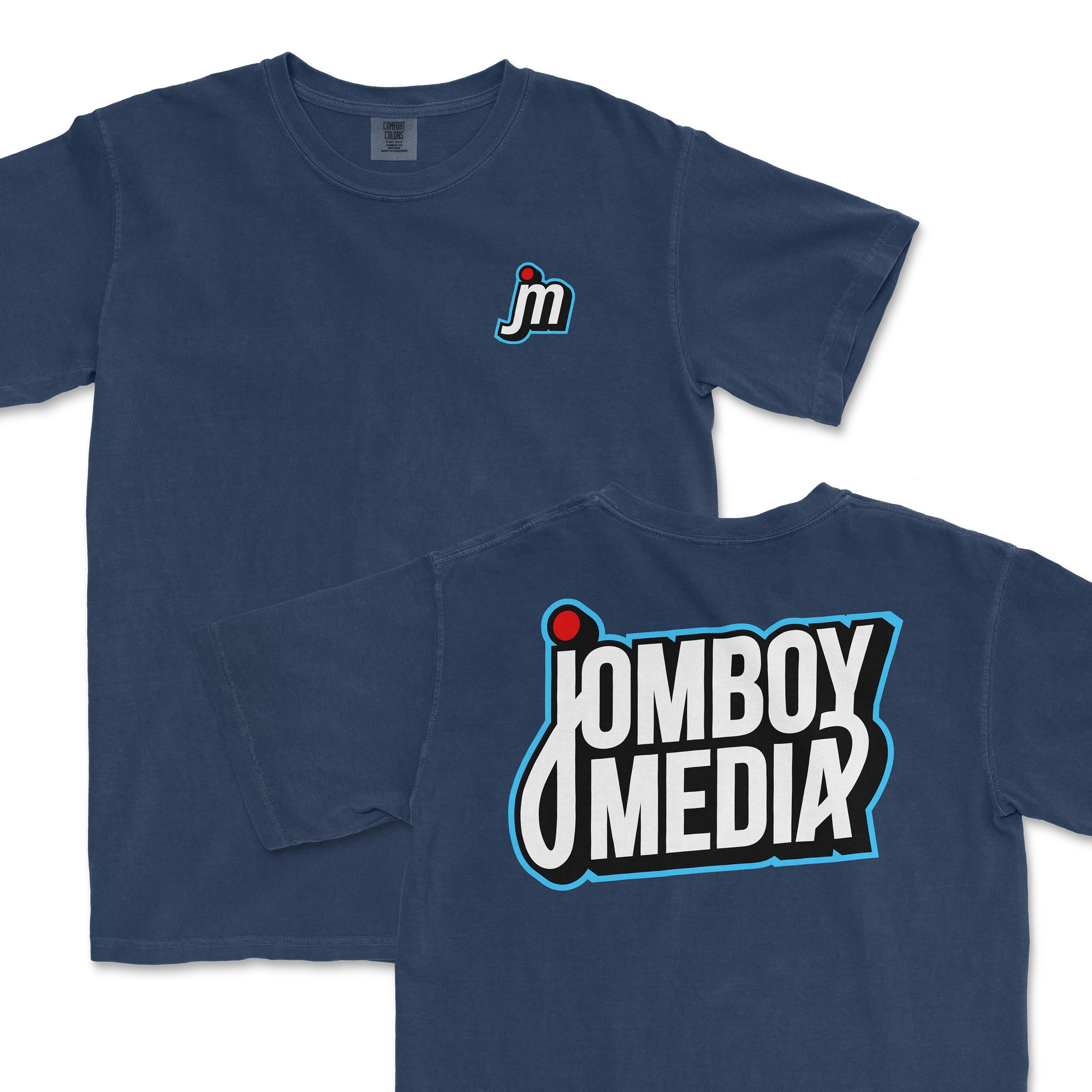 Navy blue JM Logo Tee featuring a small front logo and a bold back design with "Jomboy Media" text.