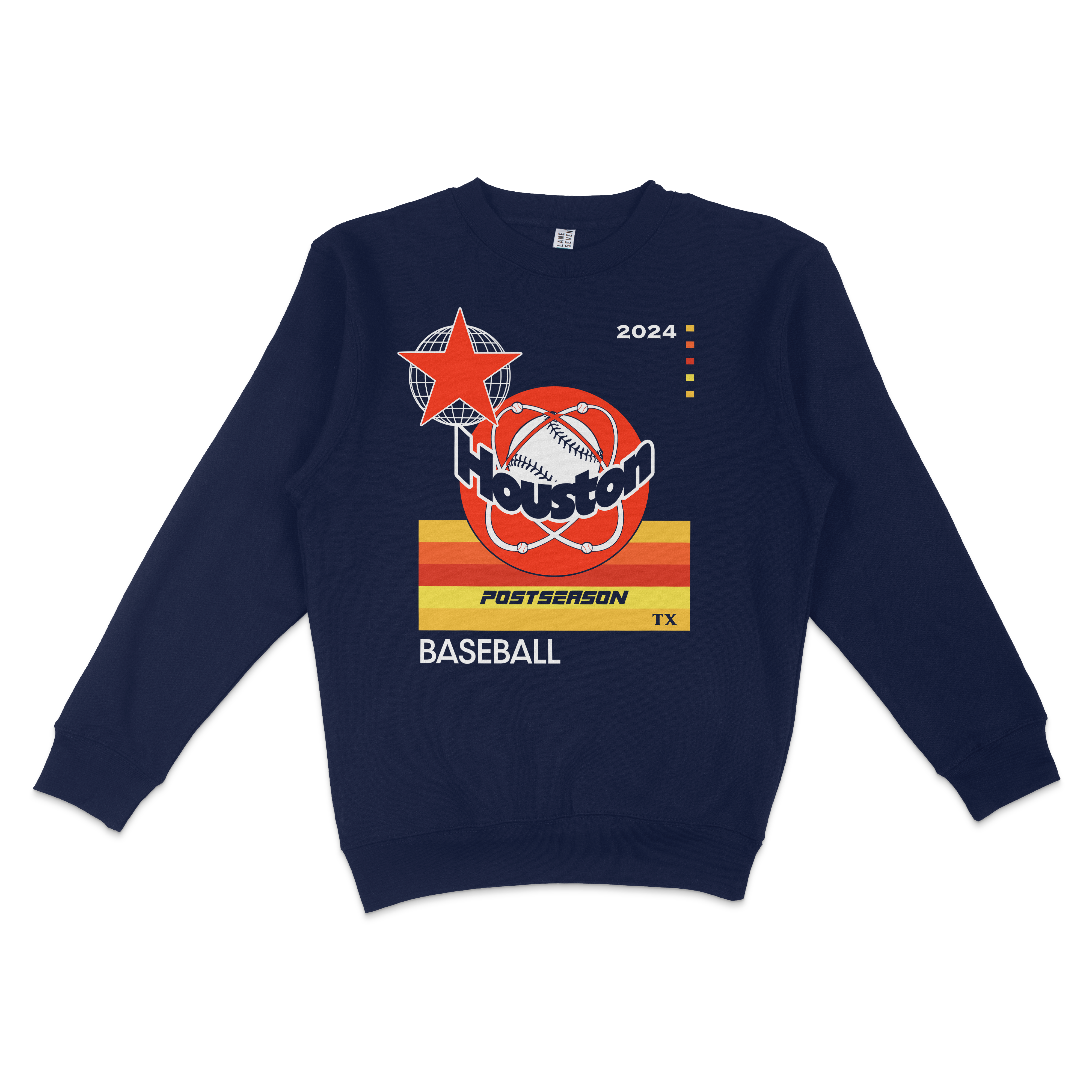 Navy blue crewneck sweatshirt featuring a Houston Astros 2024 postseason baseball graphic with stars, stripes, and team logo.