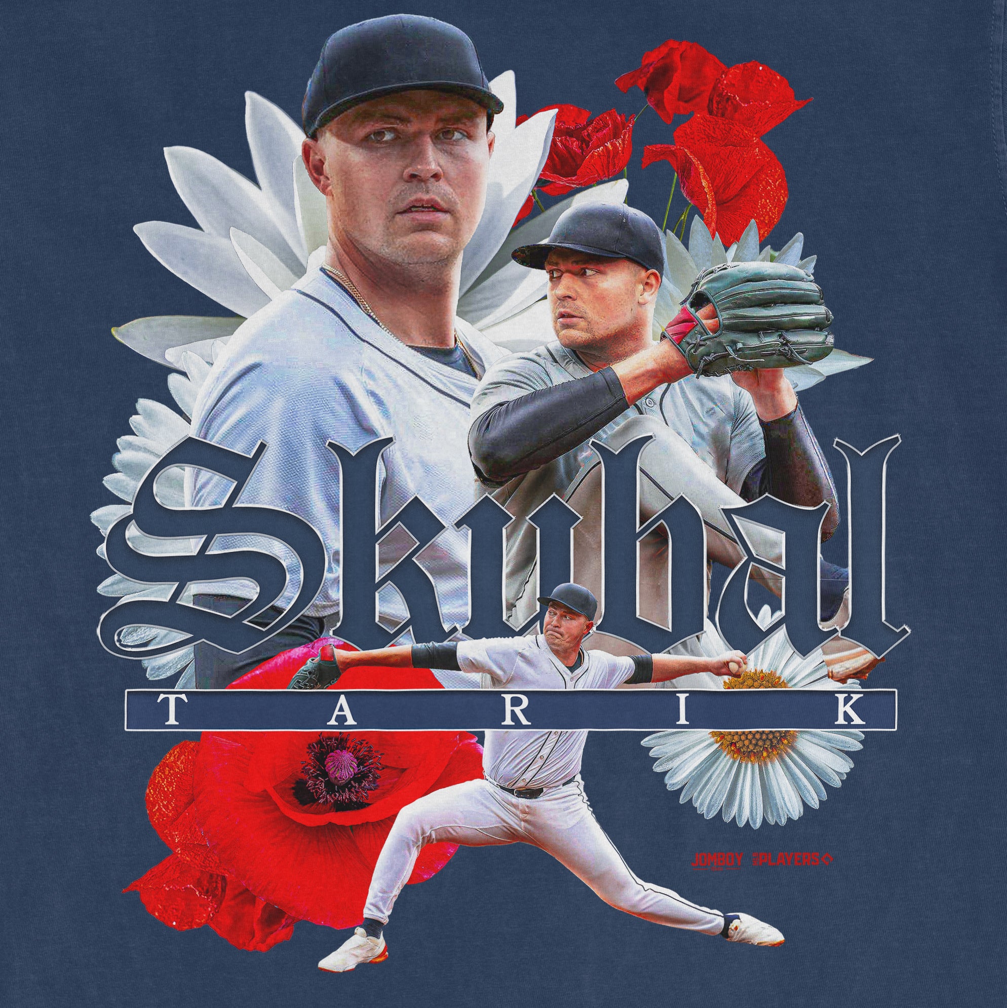 Collage of a baseball player in various poses with flowers and the text "Skubal" and "TARIK" on a dark background.