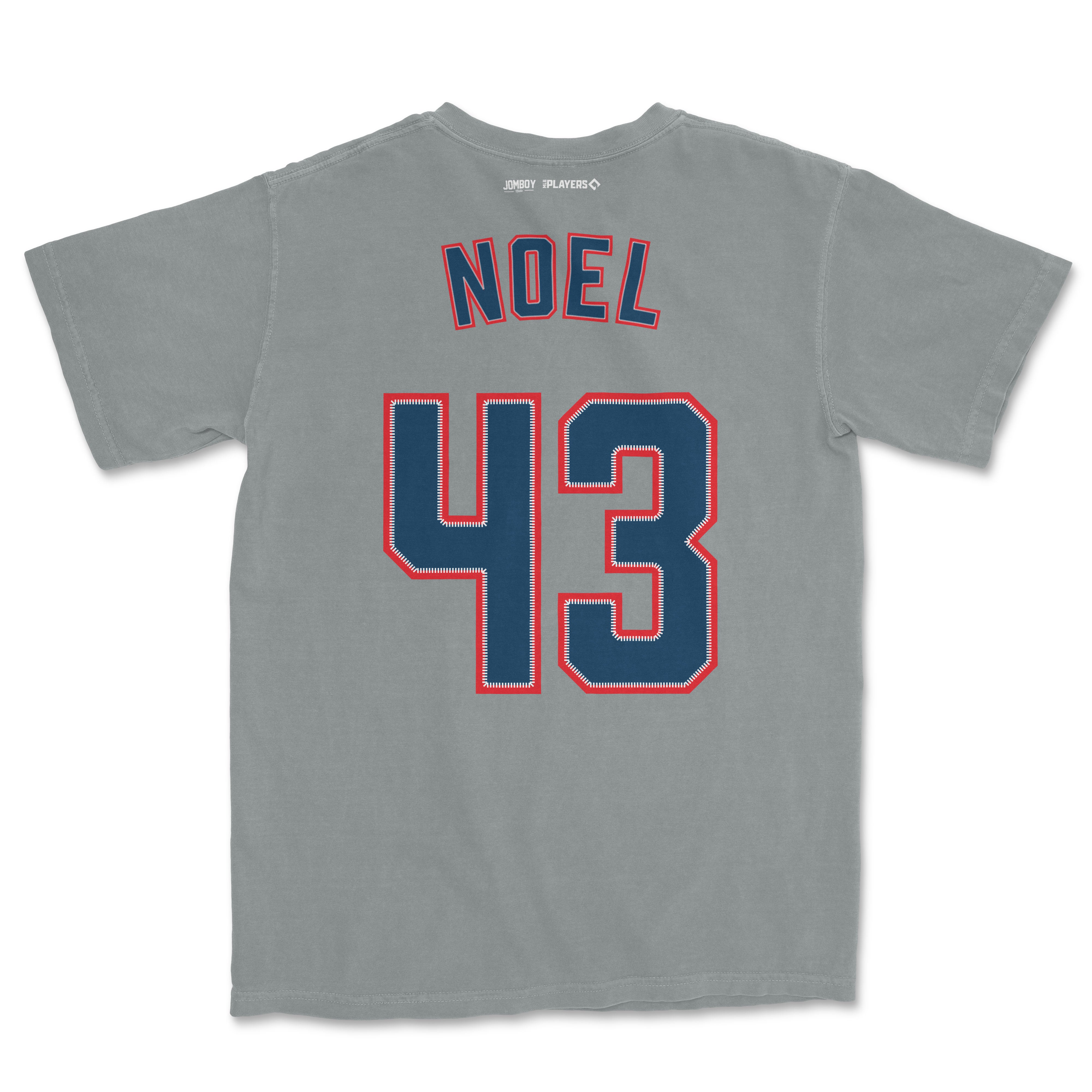 Gray Comfort Colors T-shirt featuring "Noel" and the number 43 in bold blue and red varsity-style lettering on the back.