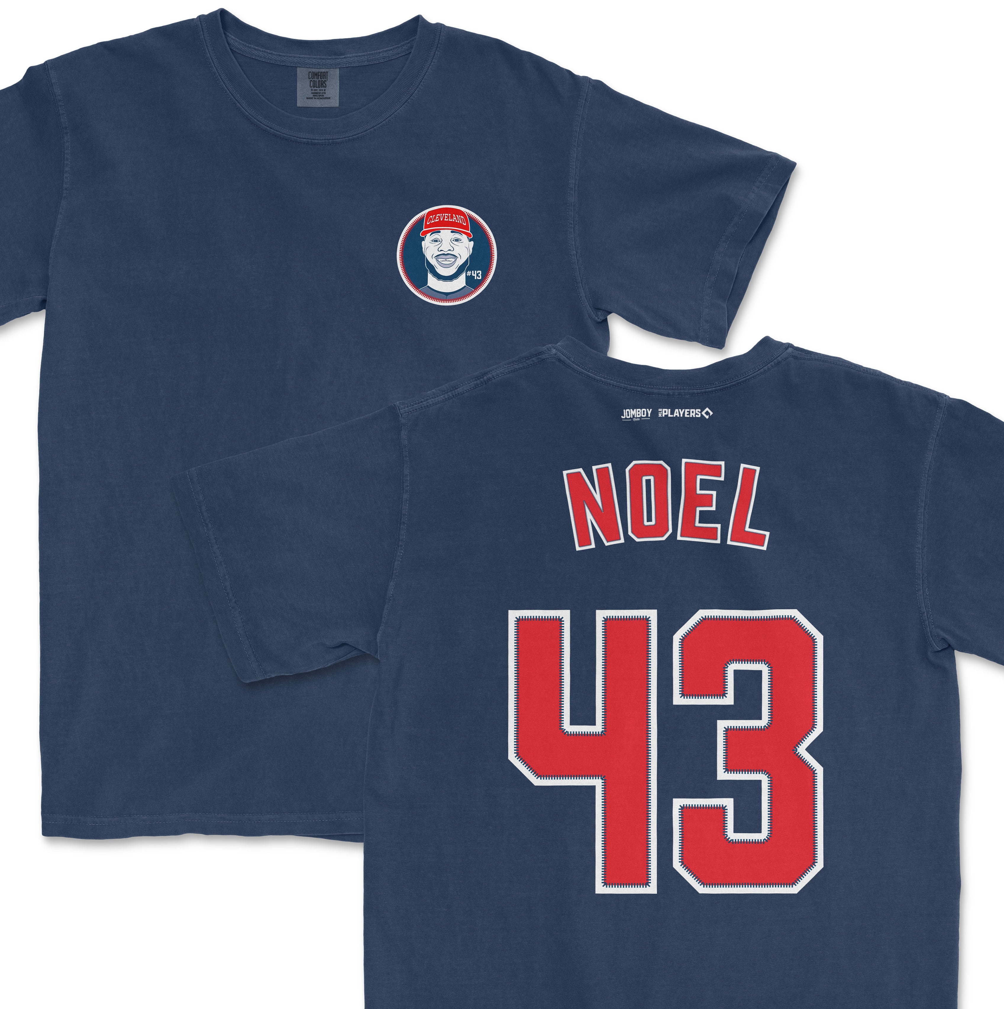 Back and front view of a navy Comfort Colors tee featuring a Cleveland-themed patch and "NOEL 43" sports jersey-style print.