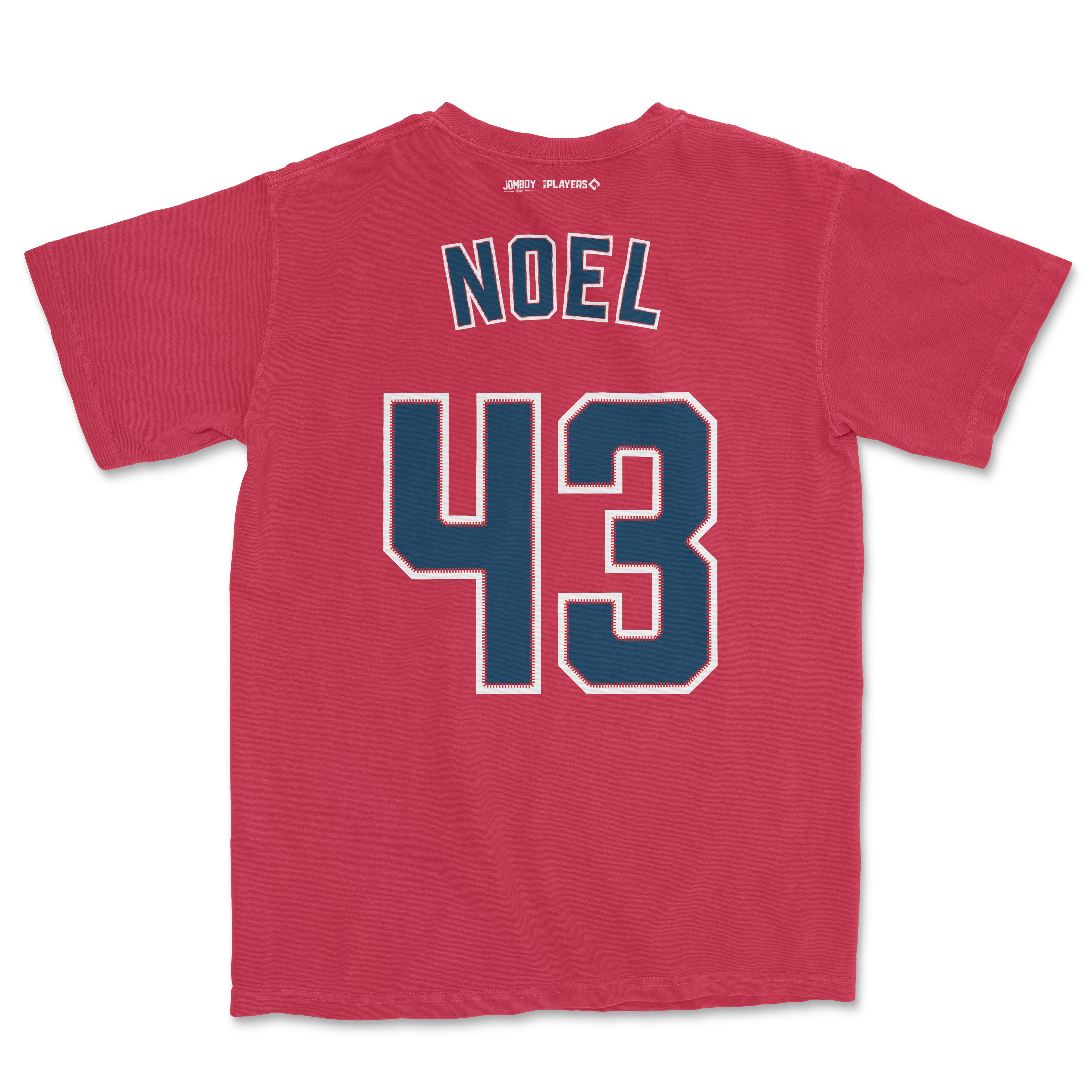 Back of a red Comfort Colors T-shirt featuring "NOEL" and the number 43 in bold navy and white outline lettering.