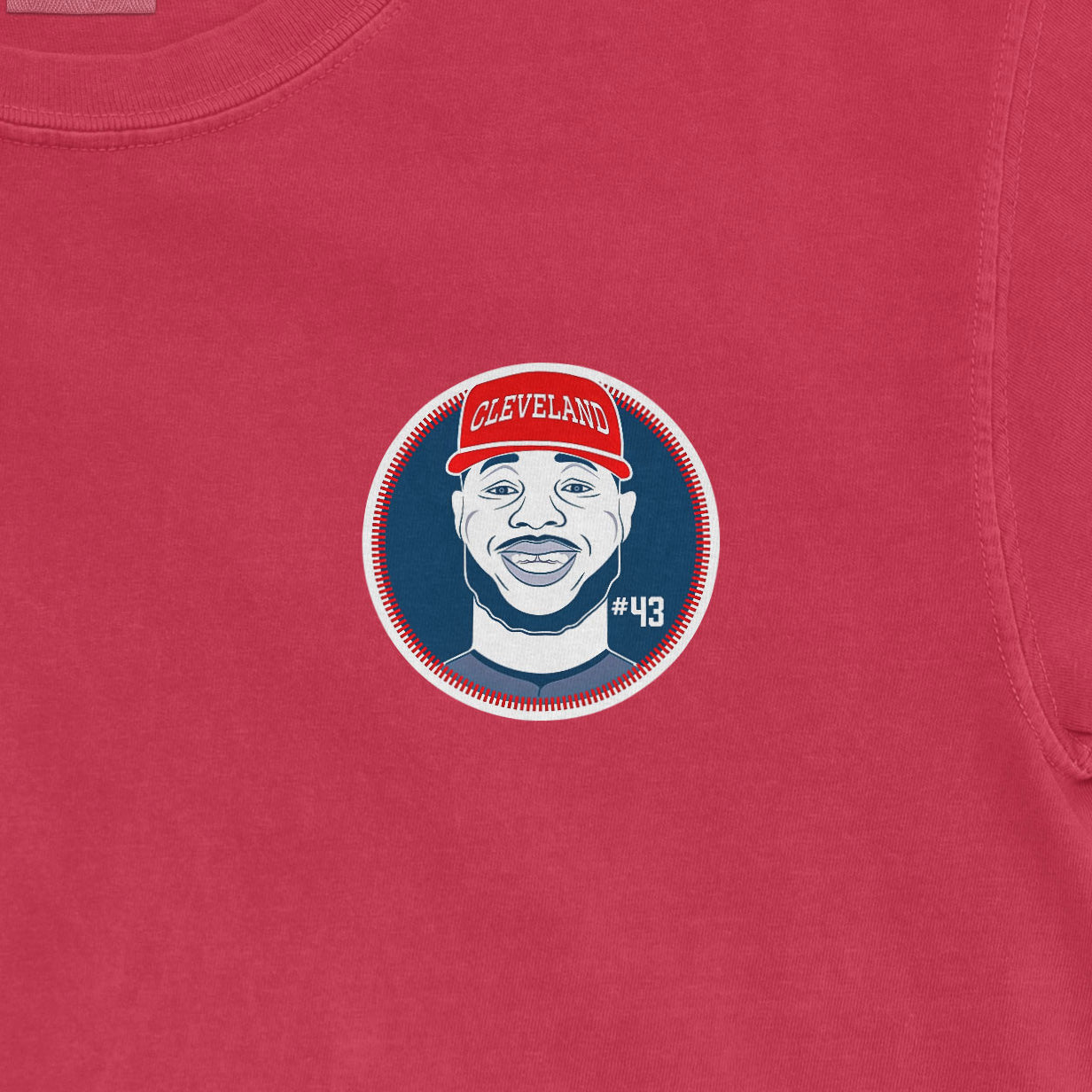Red Comfort Colors T-shirt featuring a Cleveland-themed graphic of a smiling man wearing a red cap with "#43" on the front.