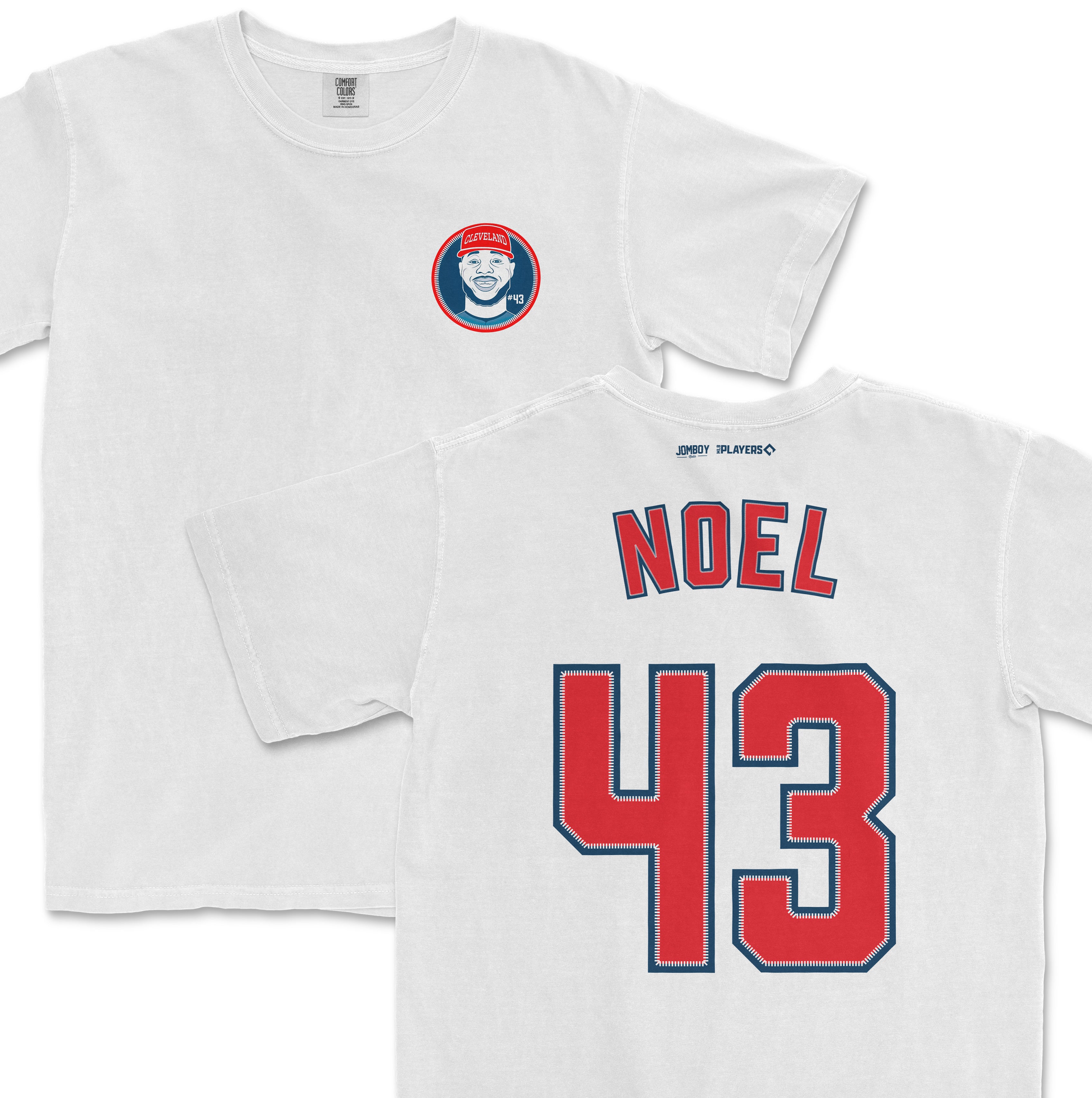 White Comfort Colors T-shirt featuring a Cleveland-themed graphic on the front and "NOEL 43" in red and blue on the back.