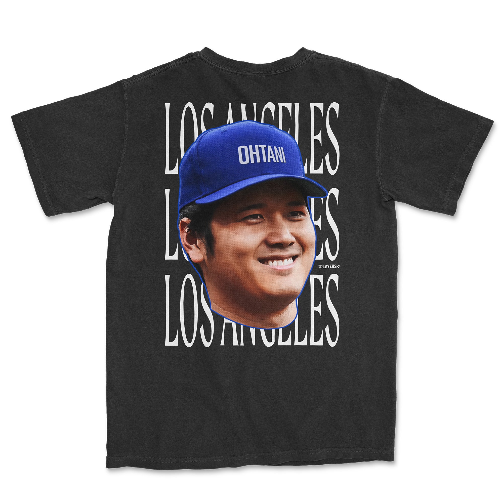 Black t-shirt featuring a large graphic of Shohei Ohtani's face and "Los Angeles" text in a repeating pattern on the back.