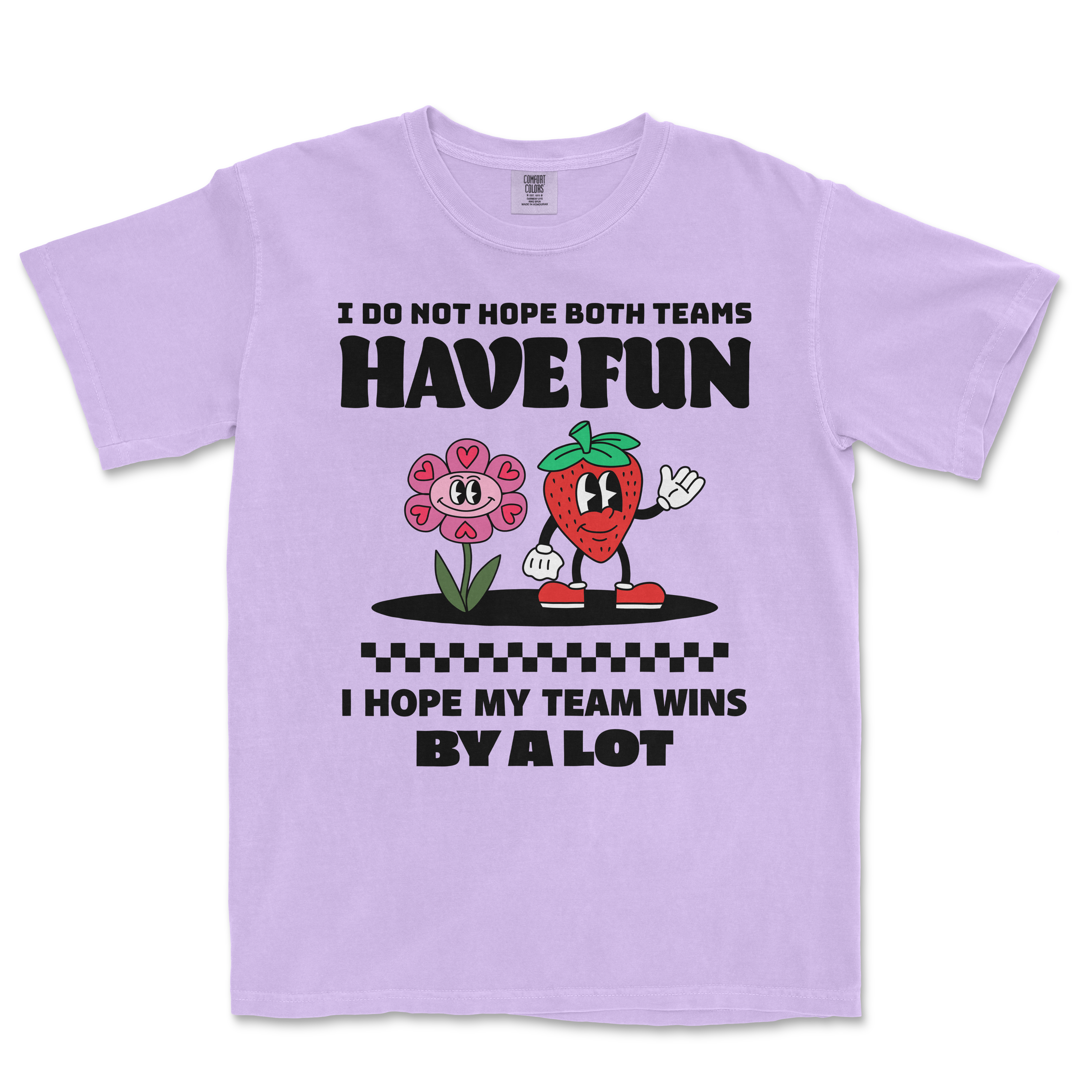 Lavender Comfort Colors T-shirt with playful text and cartoon strawberries and flowers, expressing hope for a team’s victory.