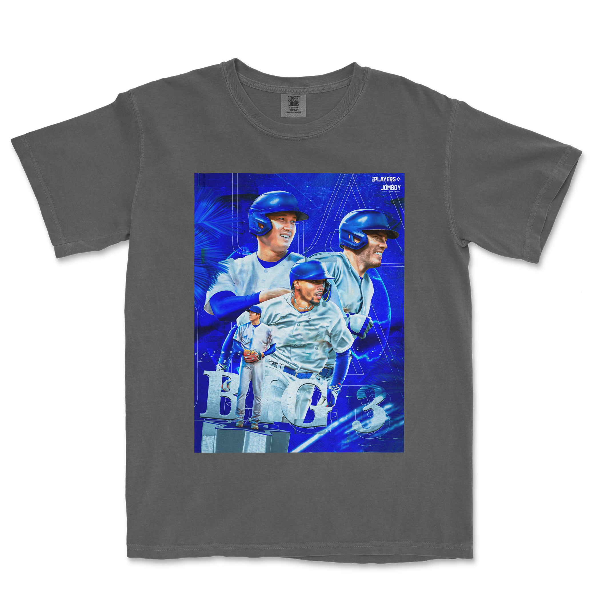 Gray Comfort Colors T-shirt featuring a vibrant blue graphic design of Los Angeles Big 3 baseball players in helmets and uniforms.