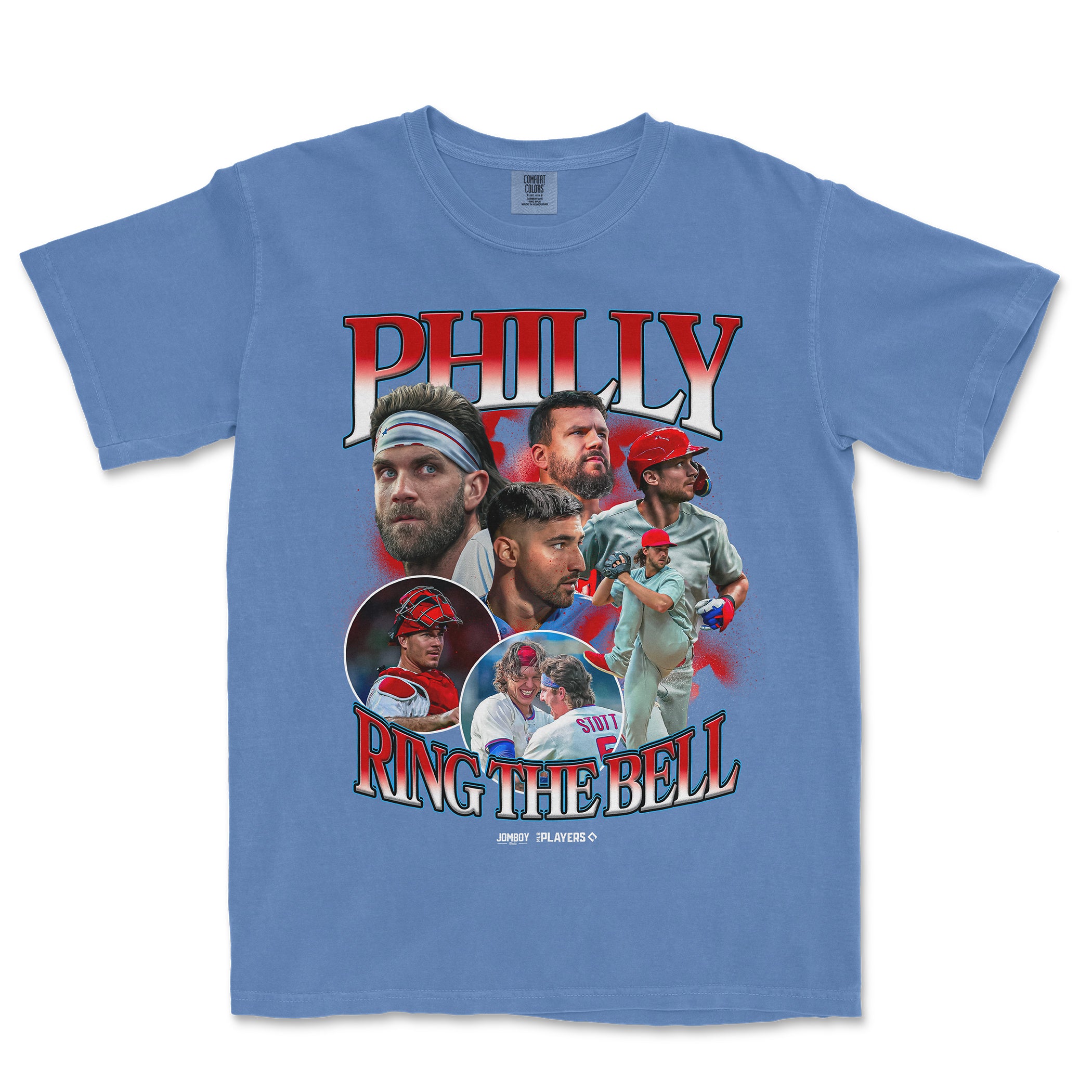 Blue T-shirt featuring a collage of baseball players, with "PHILLY RING THE BELL" text in bold red and blue letters.