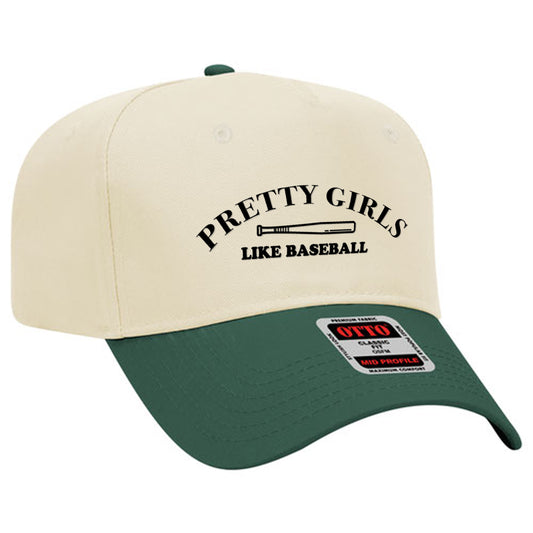 Cap with "Pretty Girls Like Baseball" text, a baseball bat graphic, and a green brim, designed for baseball fans.