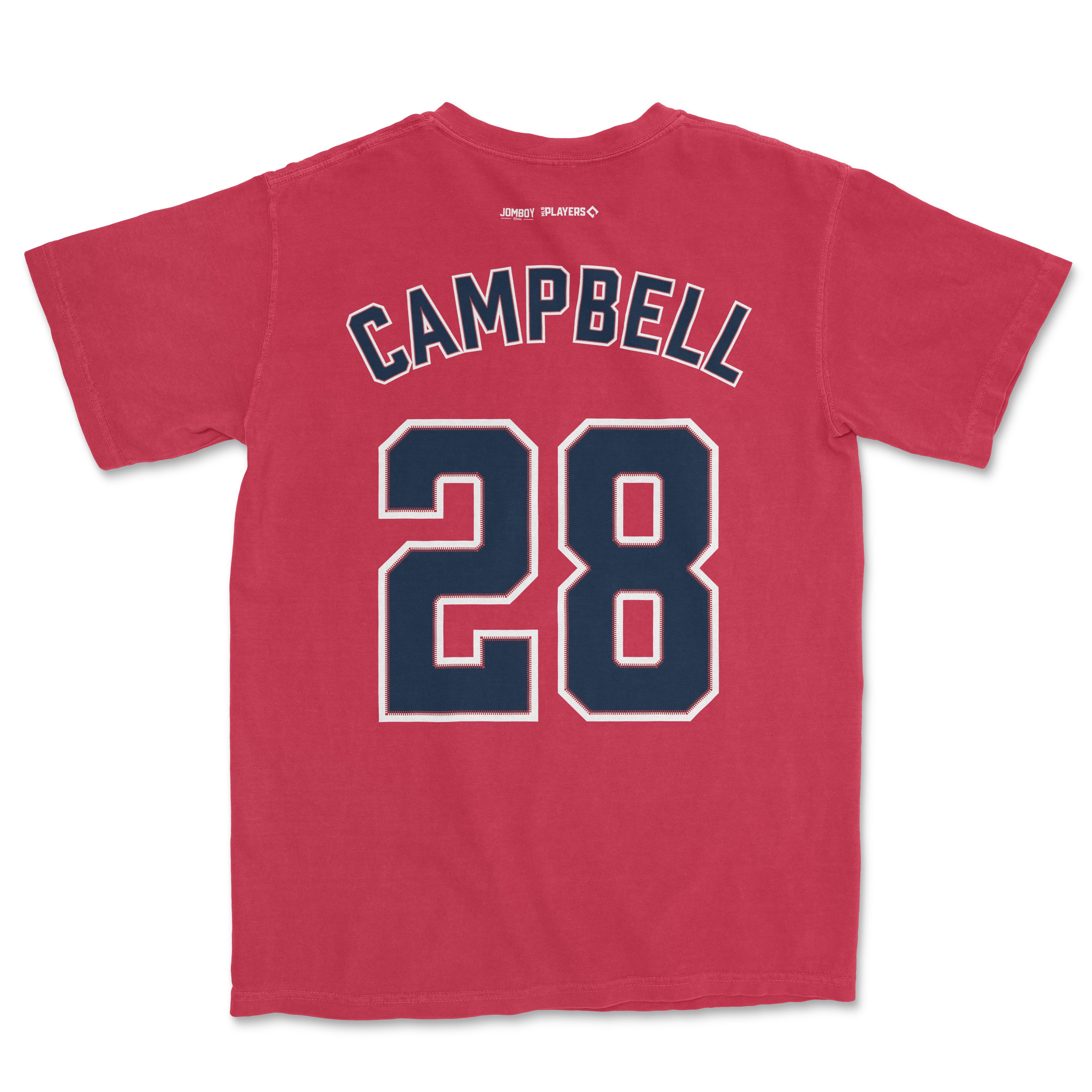 Back of a red Comfort Colors tee featuring "Campbell 28" in navy and white varsity-style lettering and numbers.