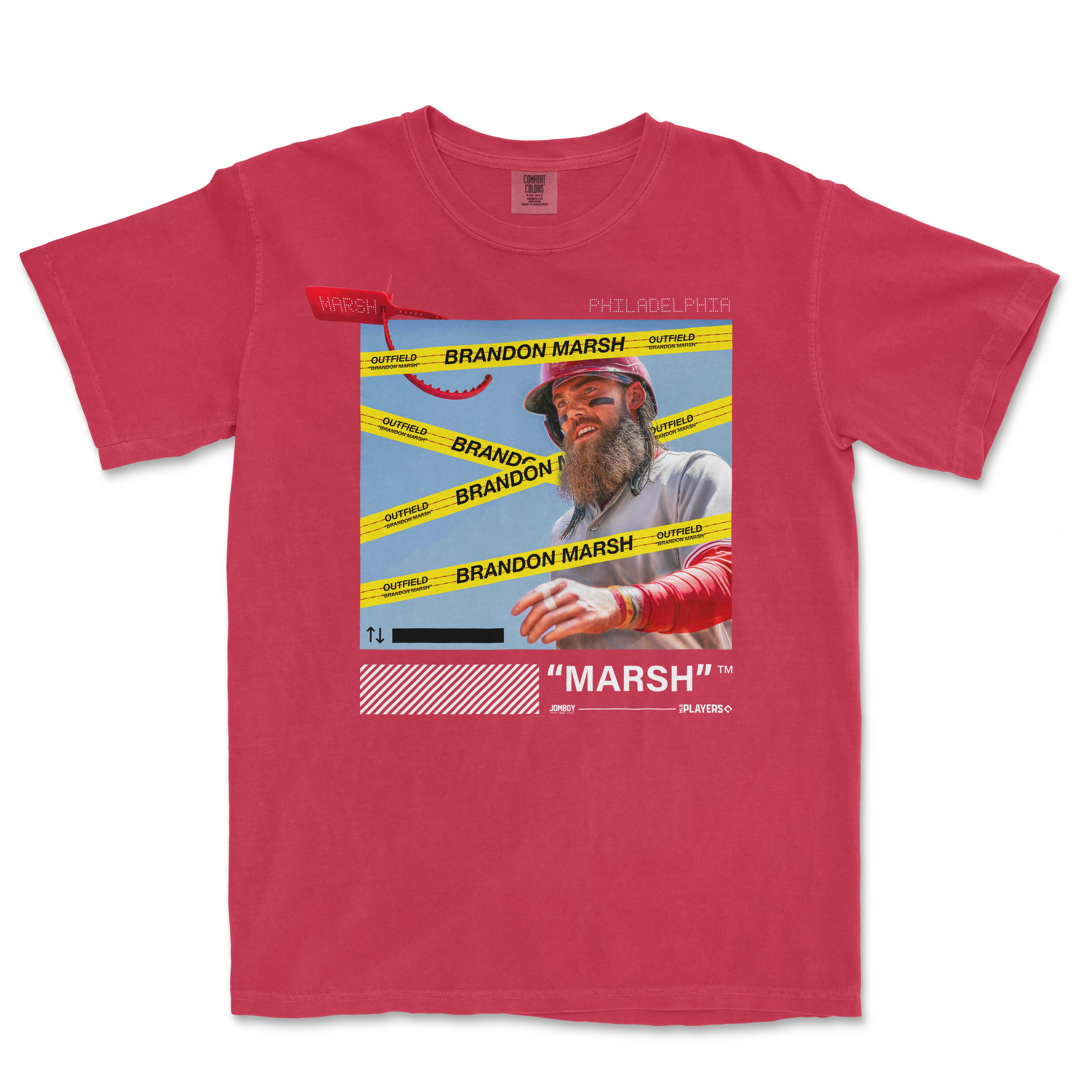 Red Comfort Colors tee featuring a graphic print of Brandon Marsh with yellow "Outfield" tape and text overlays, inspired by Off-White design.