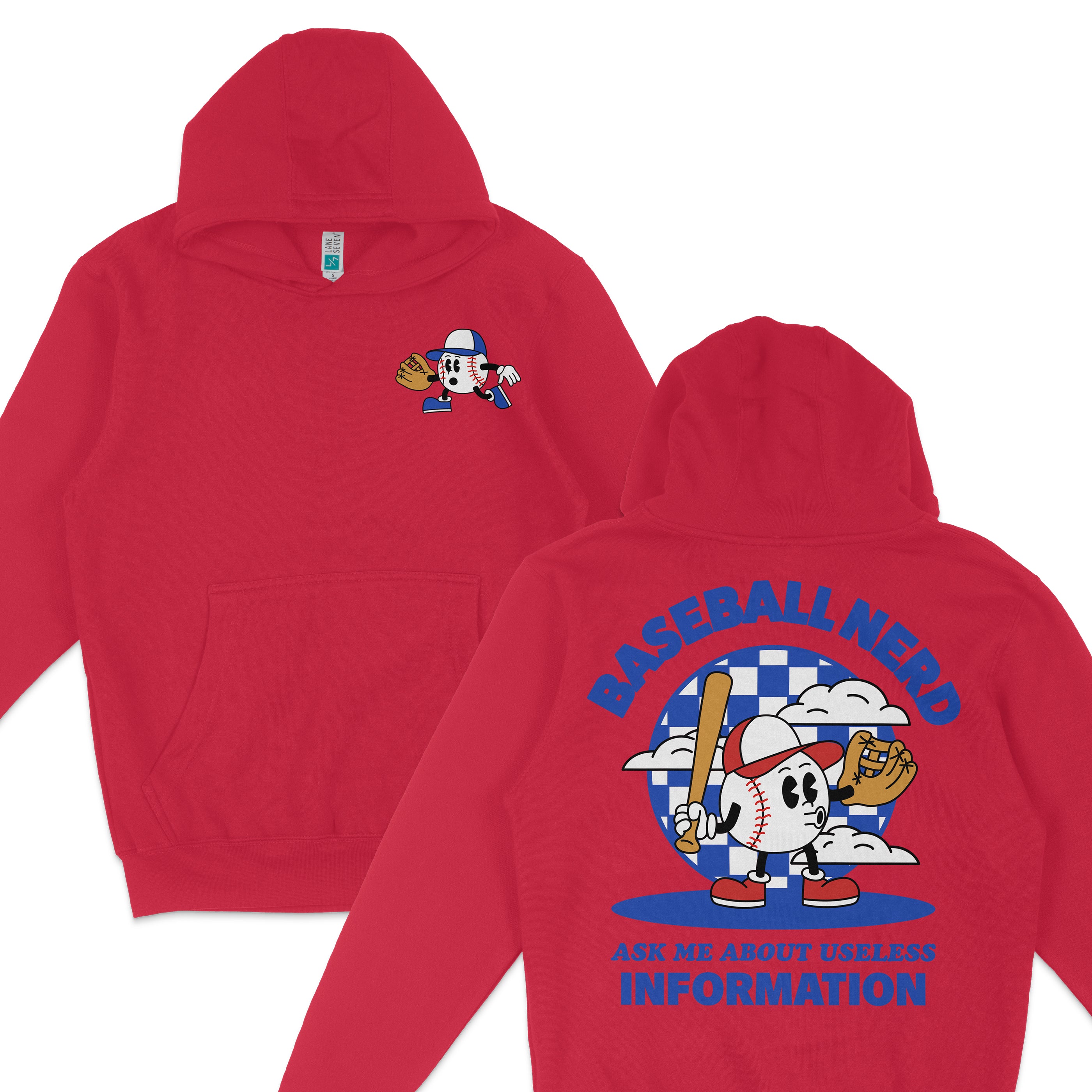 Red hoodie featuring a cartoon baseball character with a cap, bat, and glove, and text "Baseball Nerd" and "Ask me about useless information.