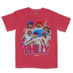 Red PHI Signature Series T-shirt featuring a collage of baseball players, signatures, and "PHILLY" text in bold blue and red.
