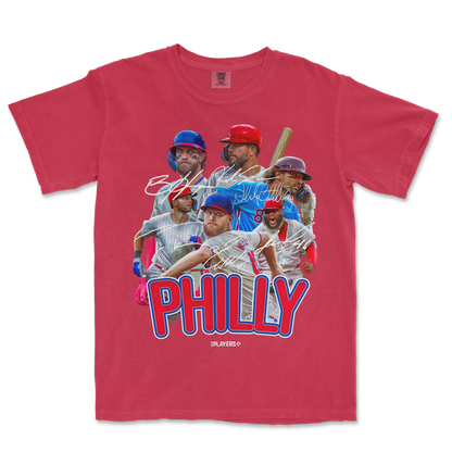 Red PHI Signature Series T-shirt featuring a collage of baseball players, signatures, and "PHILLY" text in bold blue and red.