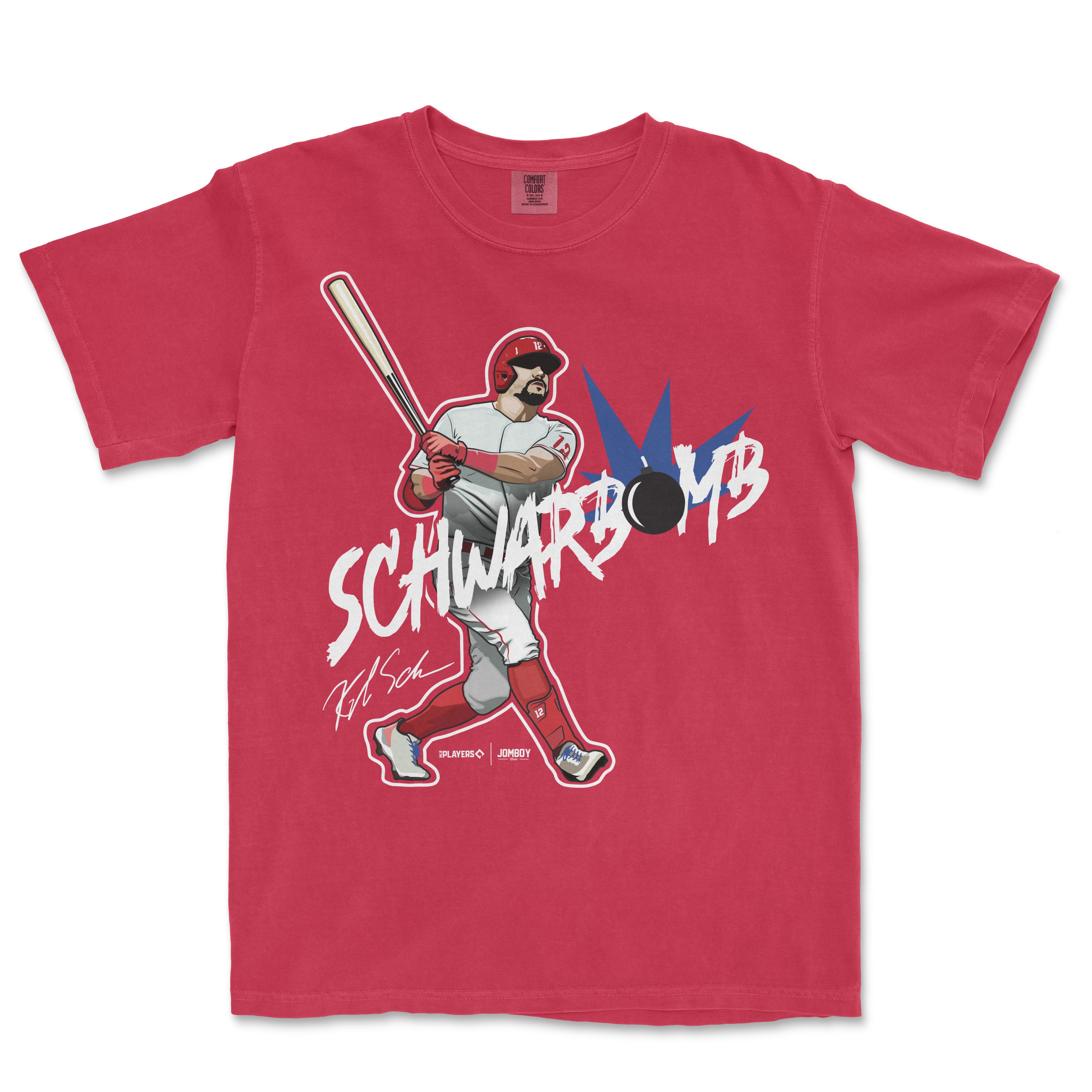 Red T-shirt featuring a graphic of a baseball player swinging a bat, with "Schwarbomb" text and a bomb illustration.