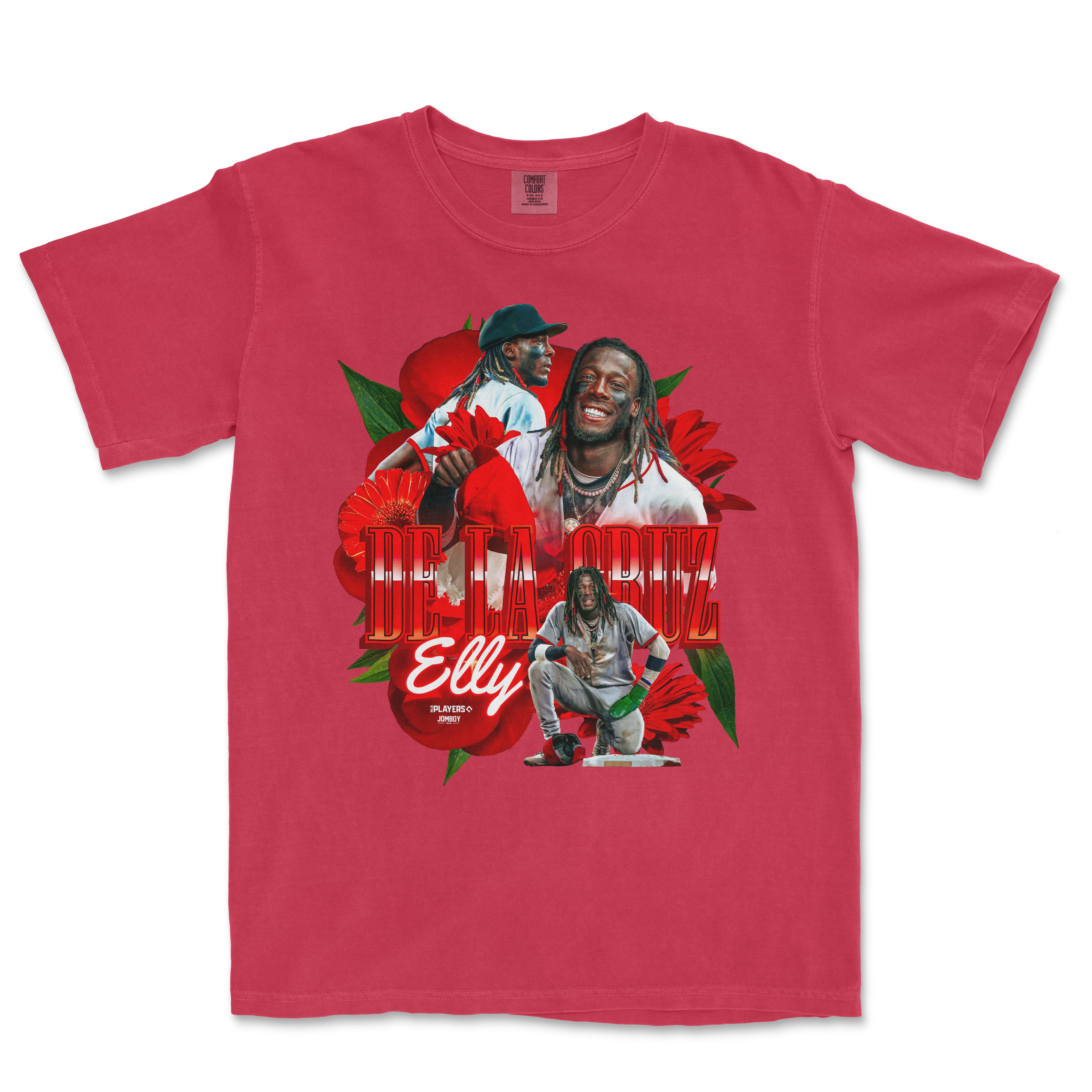 Red Comfort Colors T-shirt featuring a graphic design of Elly De La Cruz with floral accents and bold text.