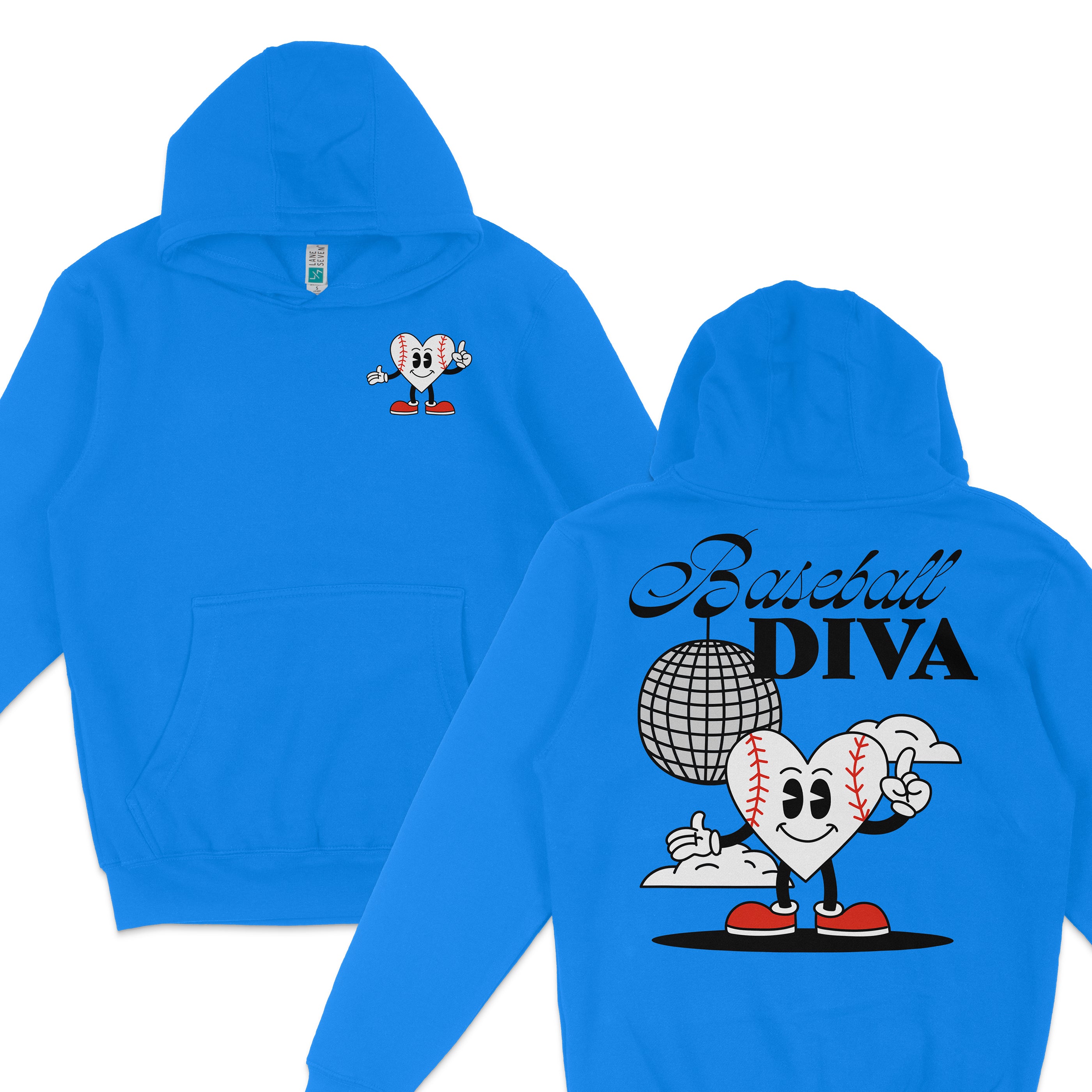 Blue hoodie featuring a cute baseball heart character with sneakers, and "Baseball Diva" text with a disco ball design.