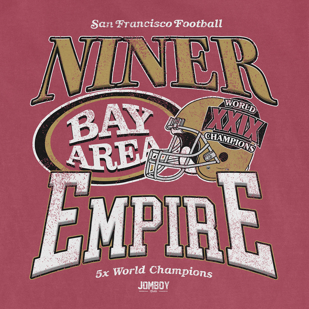 Graphic design celebrating the San Francisco 49ers, featuring football imagery, team slogans, and references to championships.