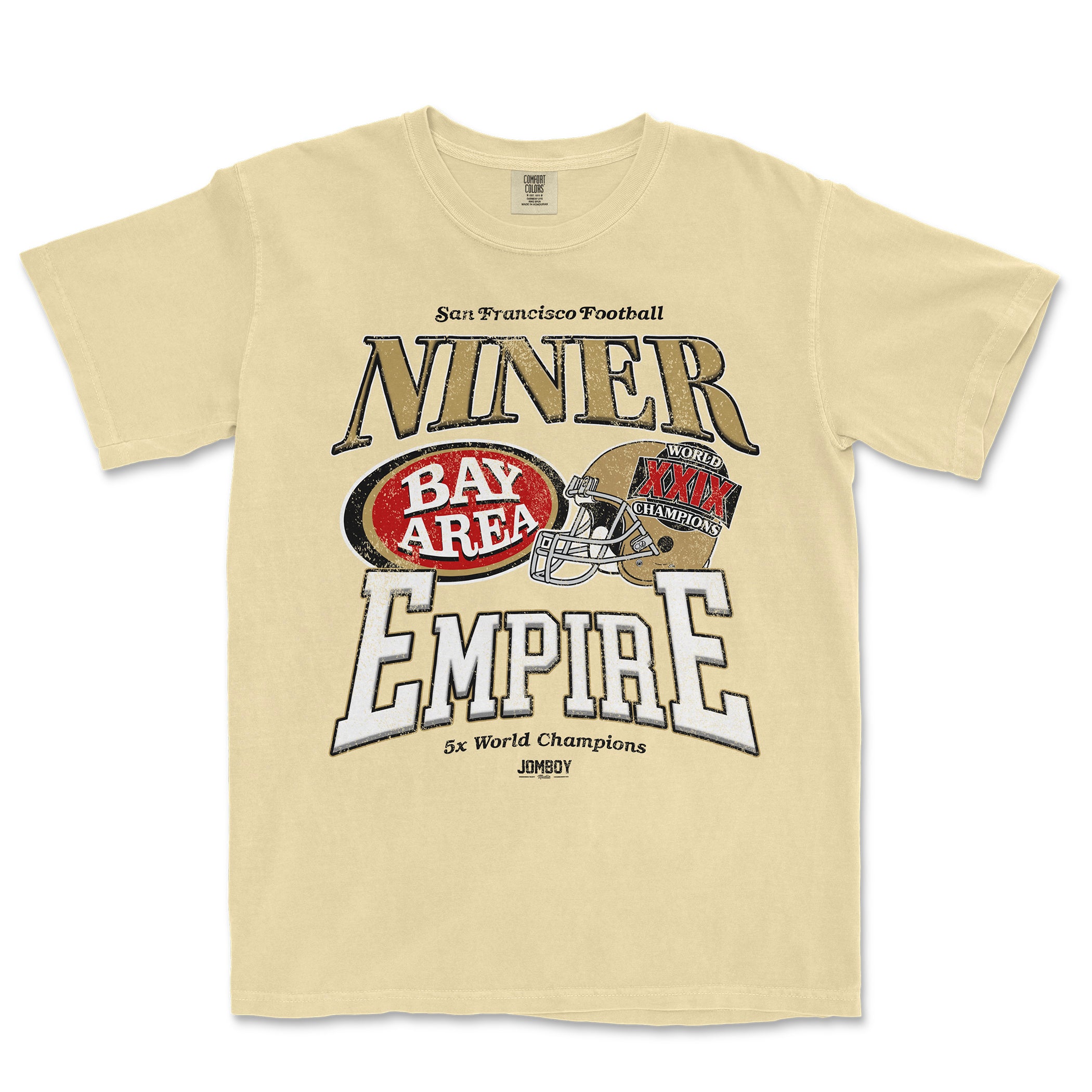 Beige T-shirt featuring vintage-style graphics celebrating the Niner Empire, San Francisco football, and five-time world champions.