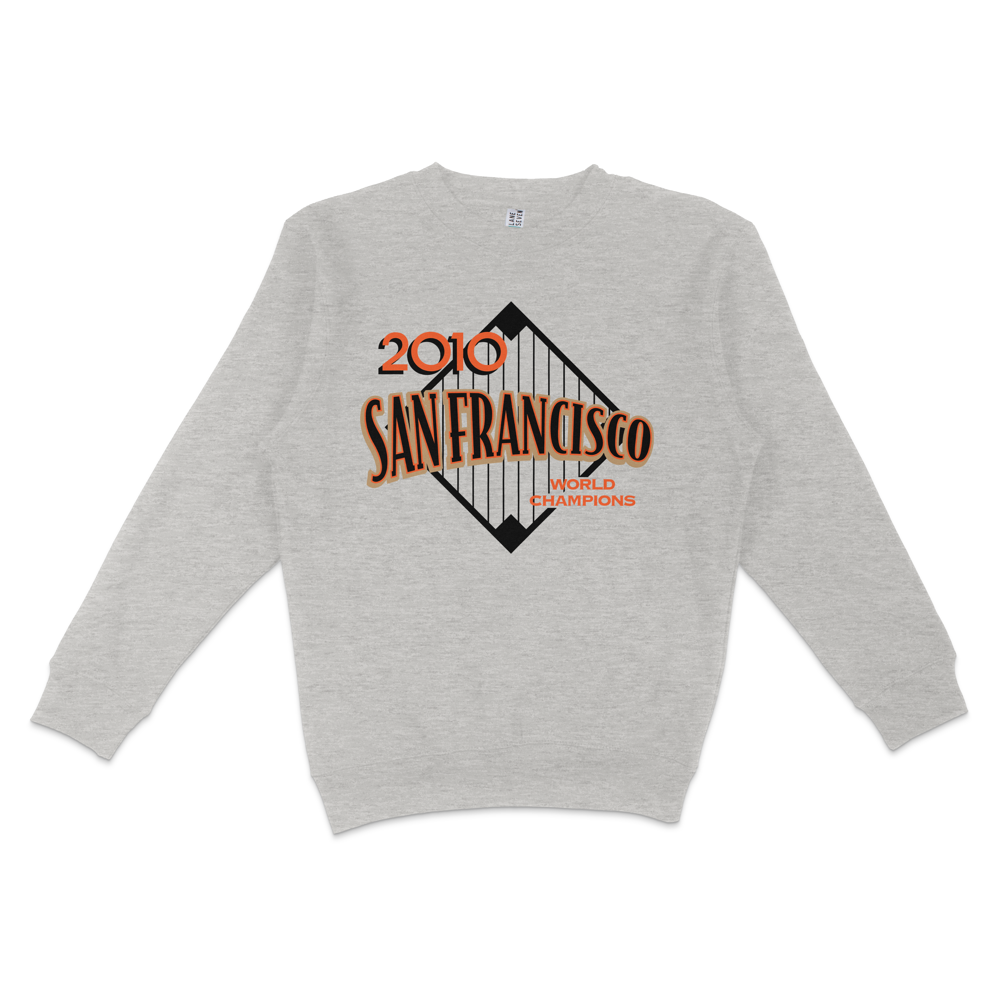 Gray crewneck sweatshirt featuring a vintage-style graphic design celebrating San Francisco's 2010 World Championship win.