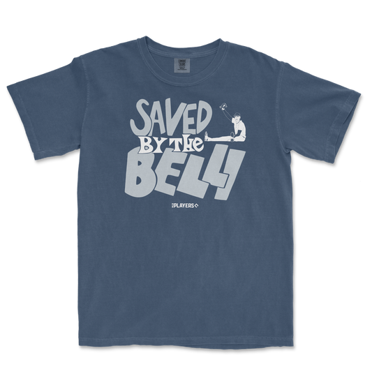 Blue T-shirt with the phrase "Saved by the Belli" in large, playful font, featuring a small illustration of a person fishing.