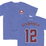 Blue Comfort Colors tee featuring Kyle Schwarber's name and number 12 on the back, and a Phillies logo on the front.