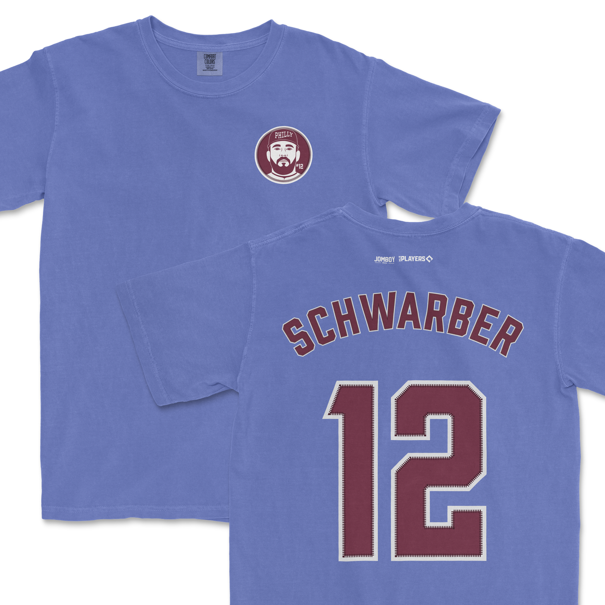Blue Comfort Colors tee featuring Kyle Schwarber's name and number 12 on the back, and a Phillies logo on the front.