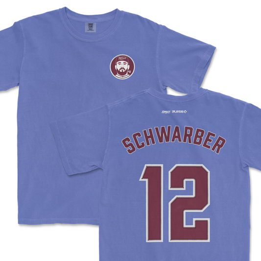 Blue Comfort Colors tee featuring Kyle Schwarber's name and number 12 on the back, and a Phillies logo on the front.