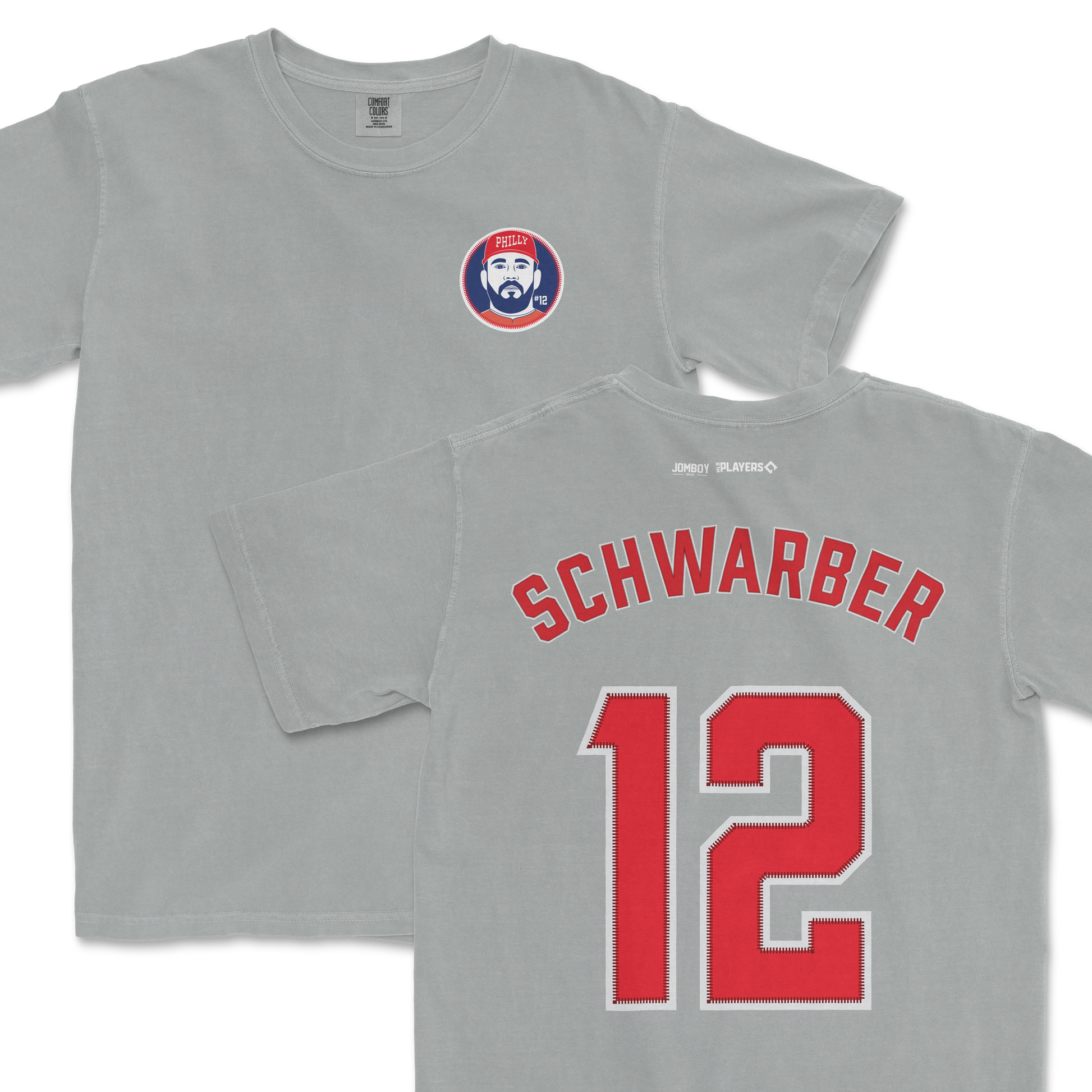 Gray Comfort Colors tee featuring a Kyle Schwarber design with his name, number 12, and a Philadelphia Phillies logo.