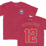 Red Comfort Colors tee featuring Kyle Schwarber's name, number 12, and a Phillies logo on the front.