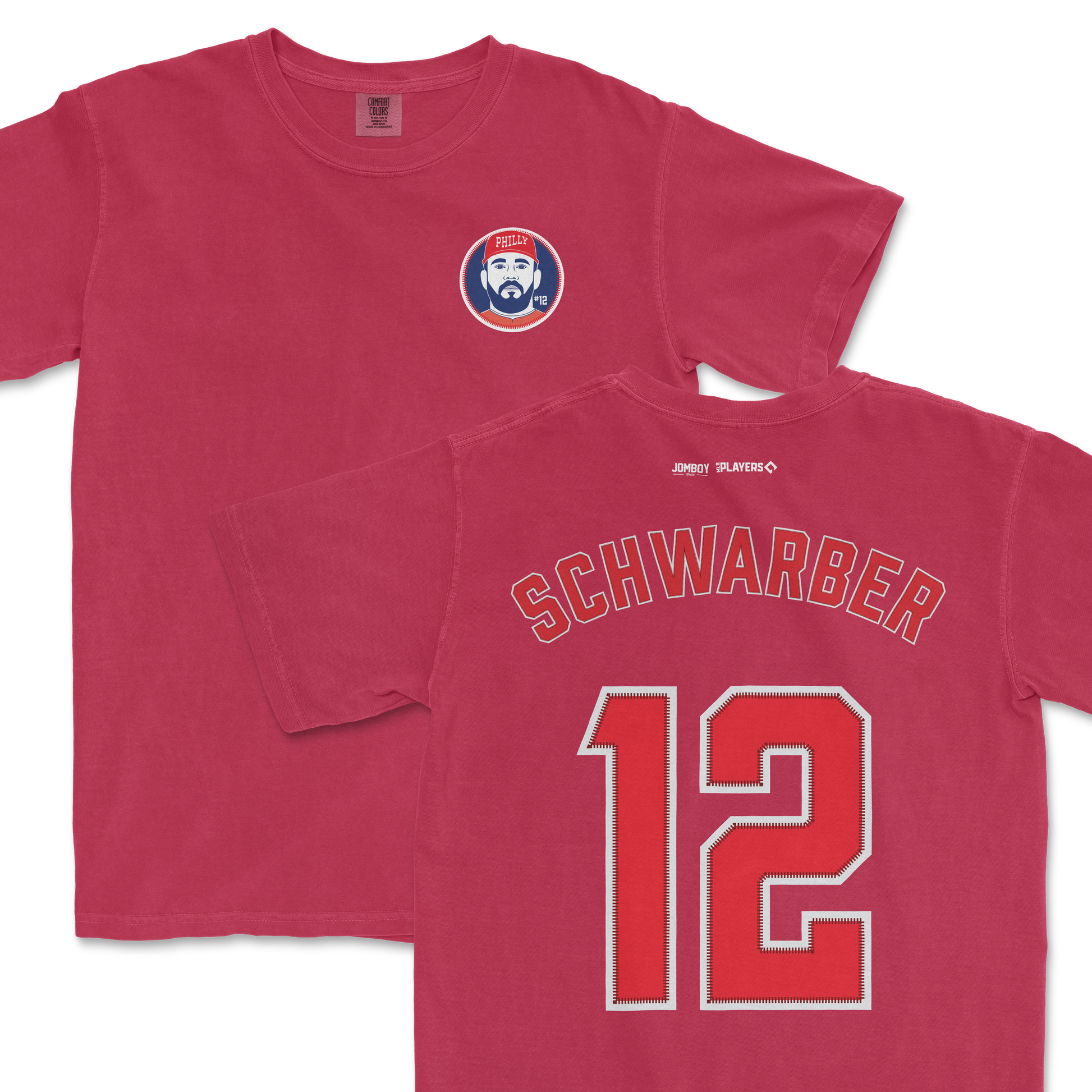 Red Comfort Colors tee featuring Kyle Schwarber's name, number 12, and a Phillies logo on the front.