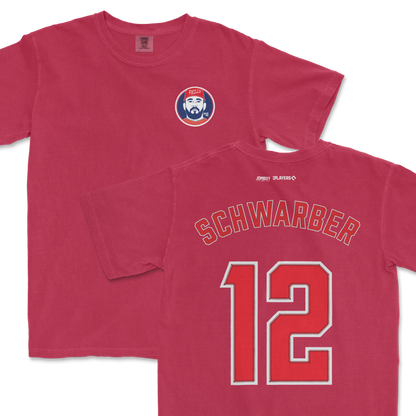 Red Comfort Colors tee featuring Kyle Schwarber's name, number 12, and a Phillies logo on the front.