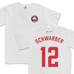White Comfort Colors tee featuring a Phillies-themed Kyle Schwarber shirsey design, with Schwarber's name and number 12 on the back.