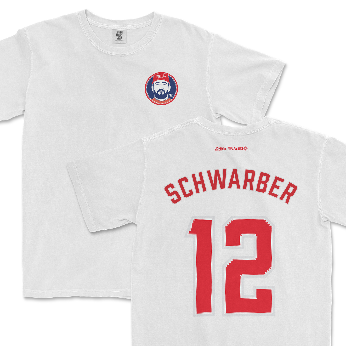 White Comfort Colors tee featuring a Phillies-themed Kyle Schwarber shirsey design, with Schwarber's name and number 12 on the back.